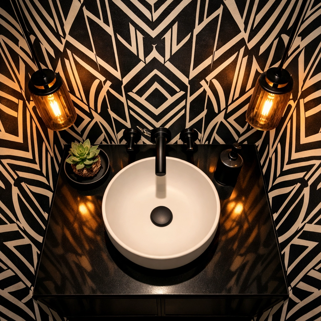 Powder room with geometric wallpaper showing seamless extra wide roll installation