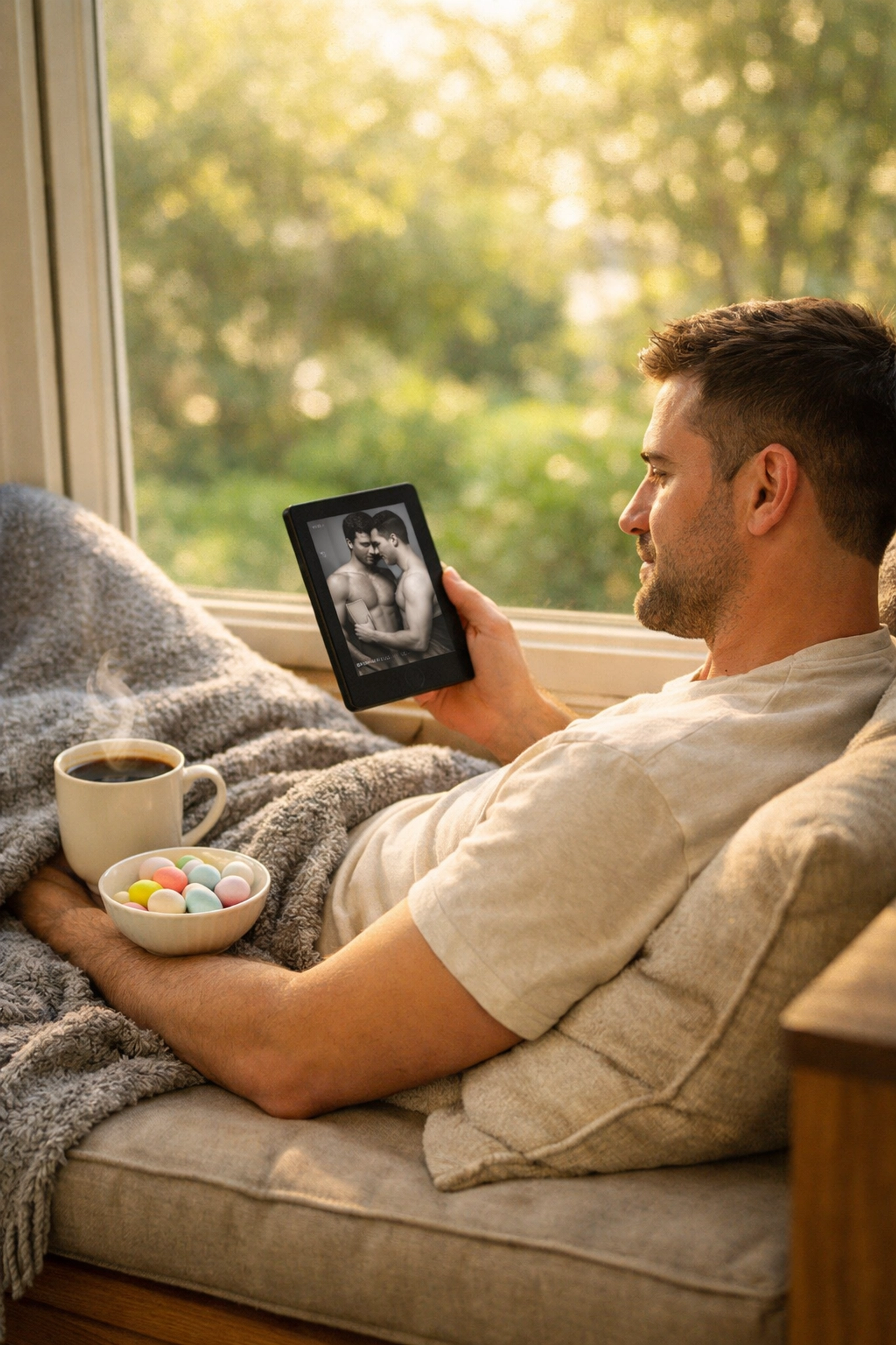 Gay man reading a contemporary MM romance book on a digital tablet during a peaceful Easter afternoon.