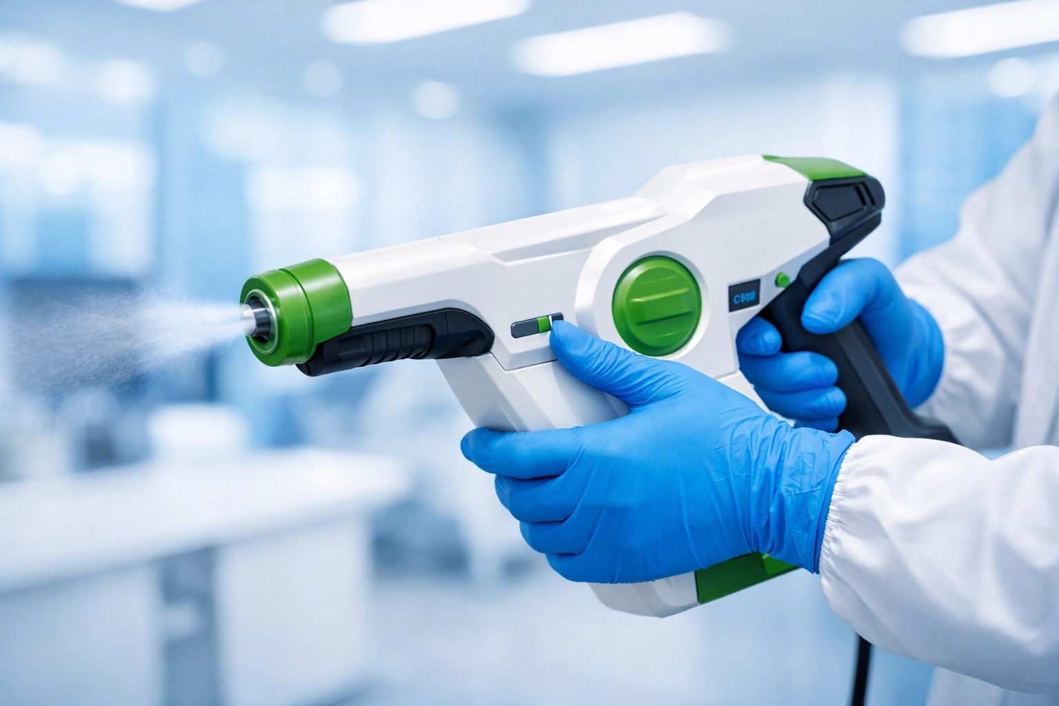Professional biohazard decontamination using an electrostatic sprayer in a modern office.