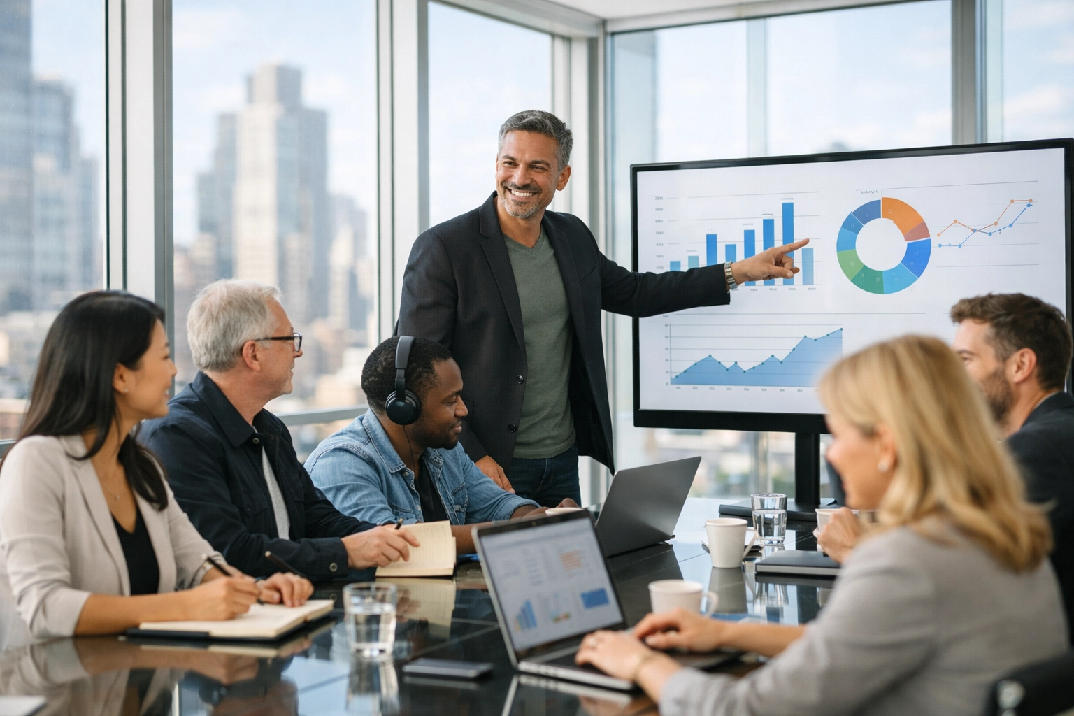 Media executives collaborating in a modern boardroom on strategic digital media innovation and creative production.