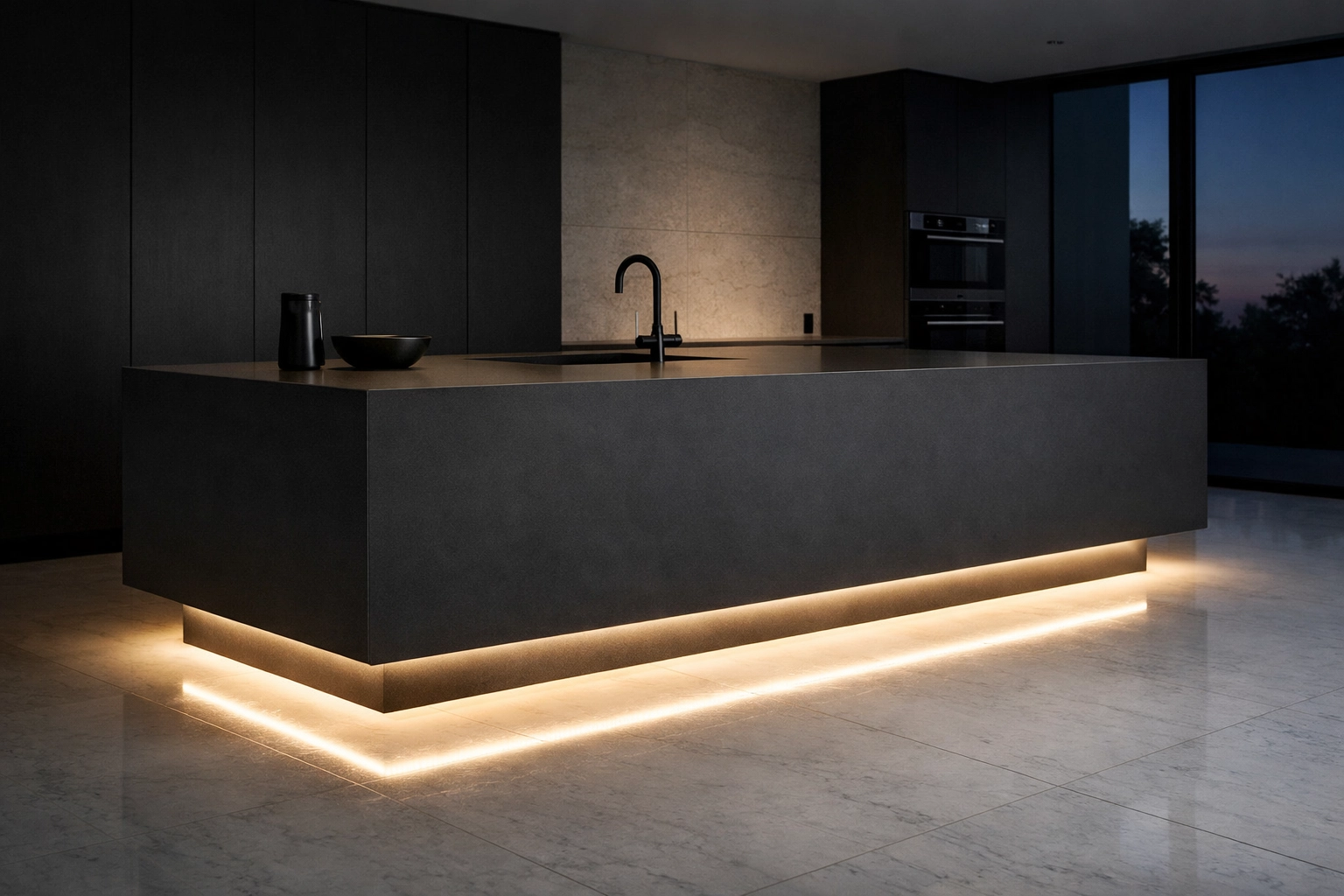 Modern kitchen island featuring warm white linear LED lighting for a floating architectural effect.