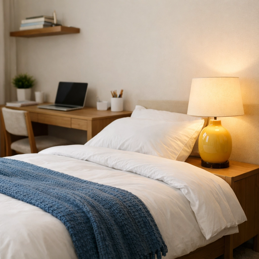 A minimalist bedroom showing student apartment cleaning in Worcester with an organized workspace and bed.
