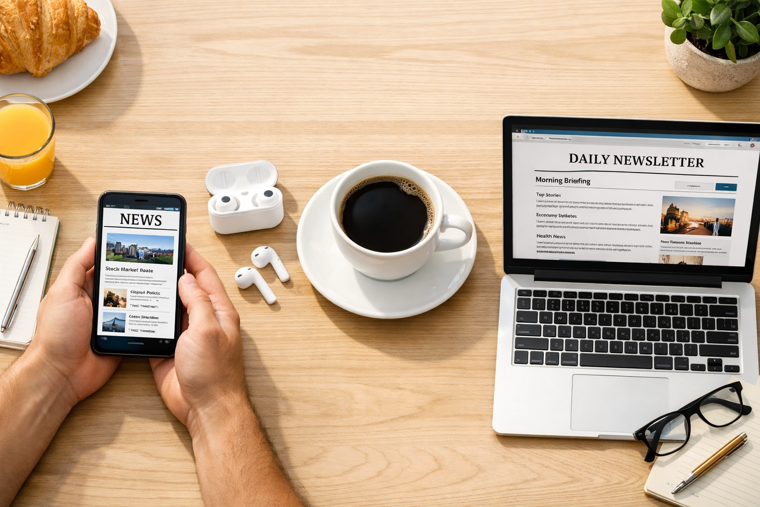 Three morning news formats: smartphone app, earbuds for podcasts, and laptop newsletter side by side
