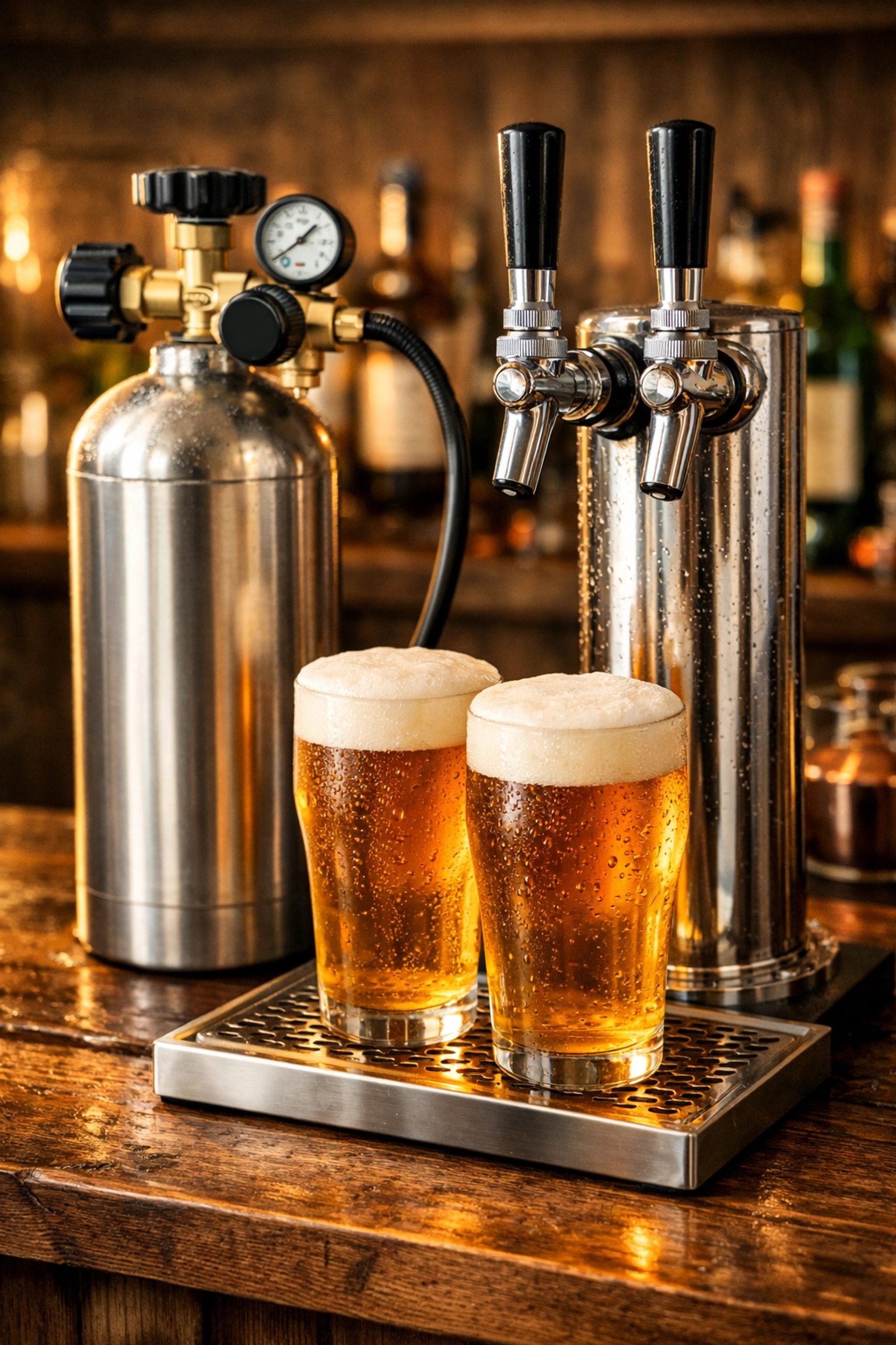 CO2 cylinder beside beer tap system with freshly poured pints at home bar