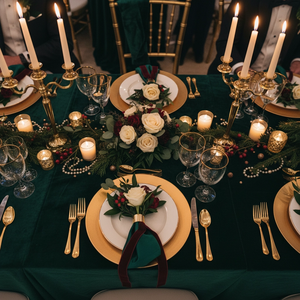 Elegant dining table with white roses, gold cutlery, green velvet cloth, and lit candles, creating a festive, warm ambiance.