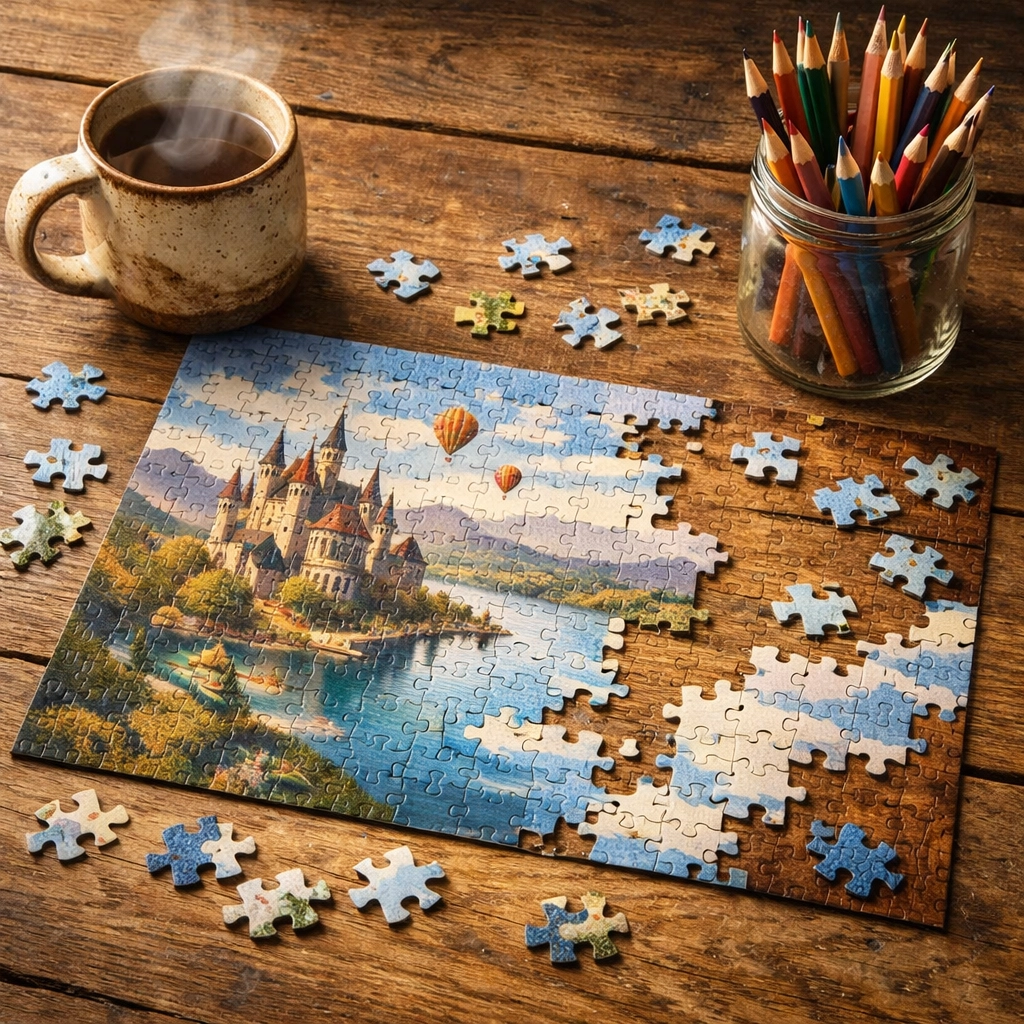 A calming jigsaw puzzle and colored pencils on a wooden table for quiet sensory relaxation.