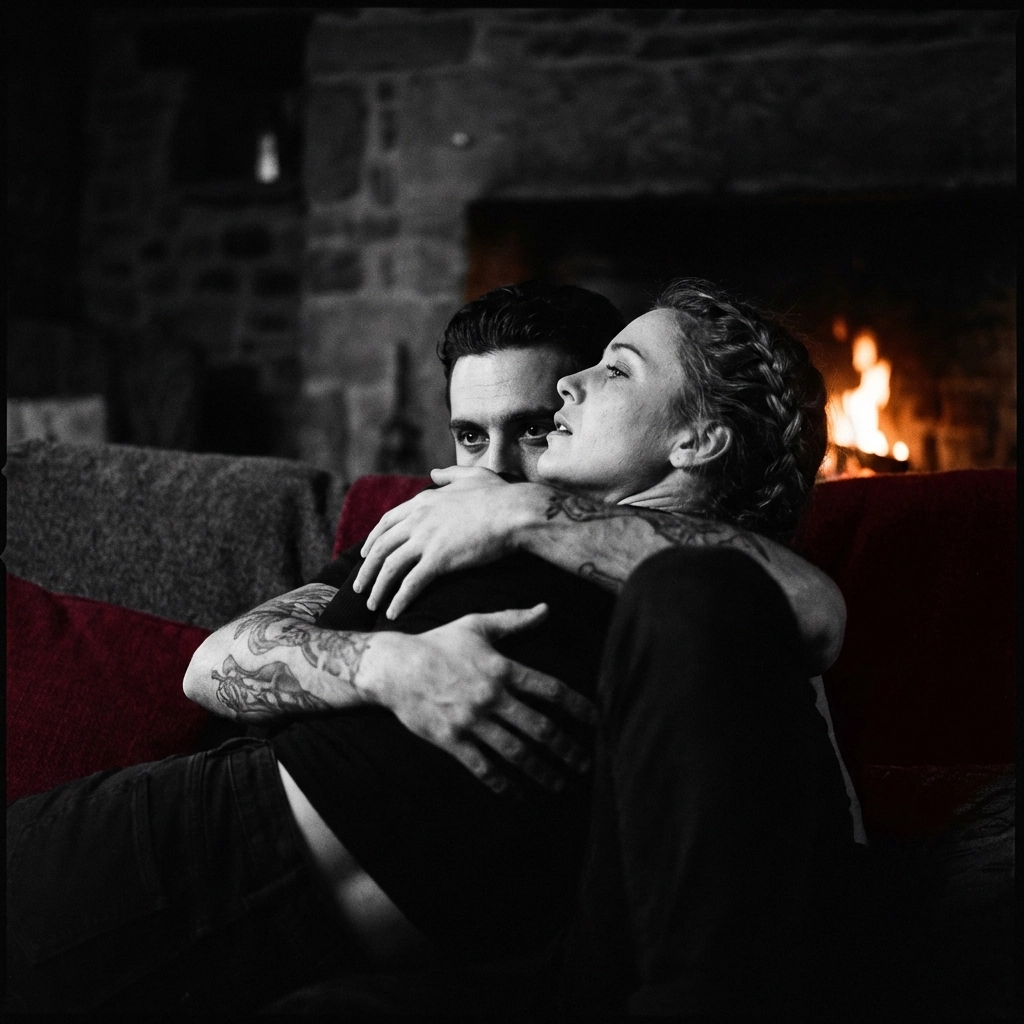 A moody, steamy embrace between dark paranormal romance leads in a shadowed, dramatic setting.