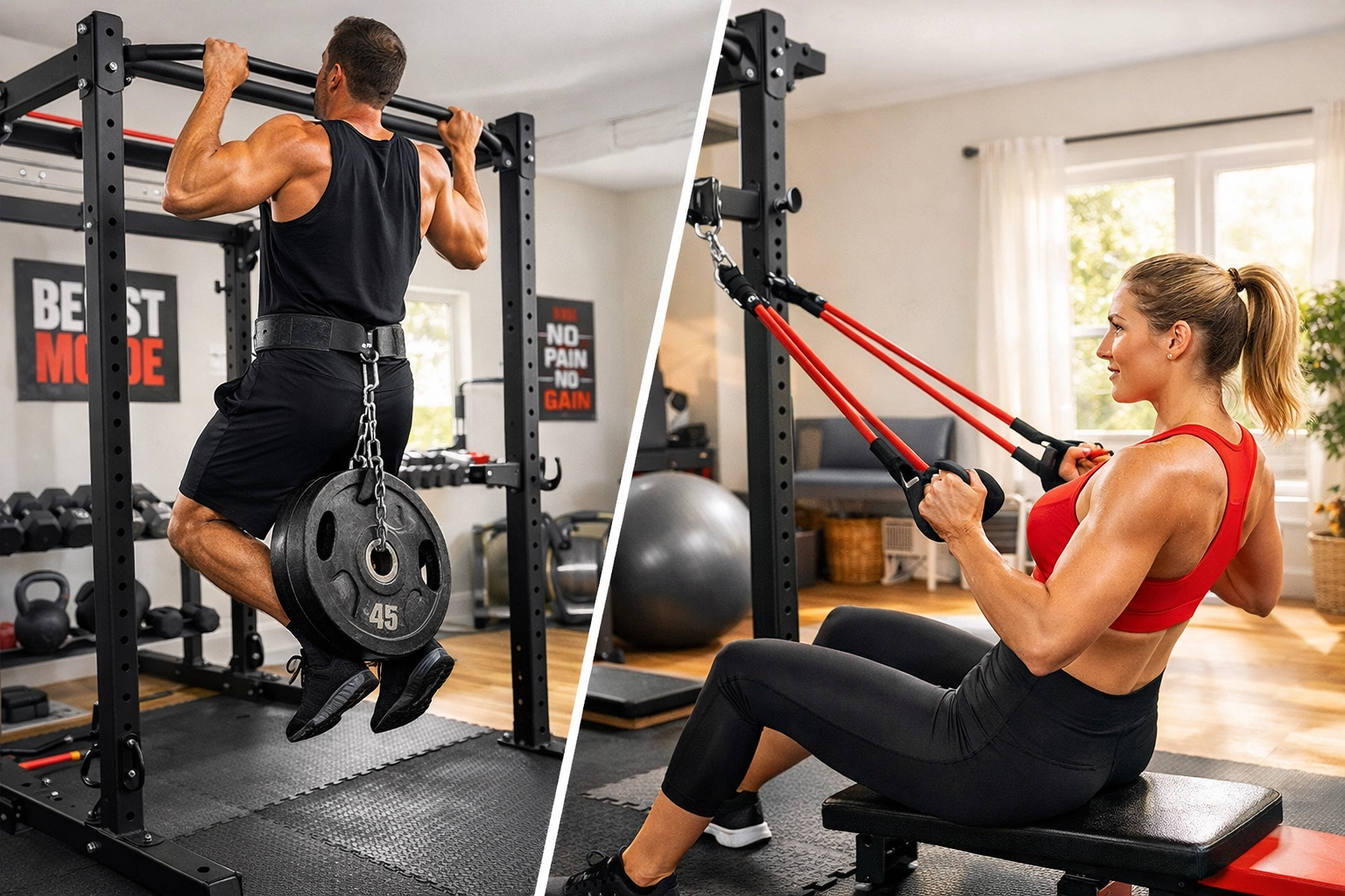 Versatile home gym used for resistance training and weighted pull ups in a crossfit home gym.