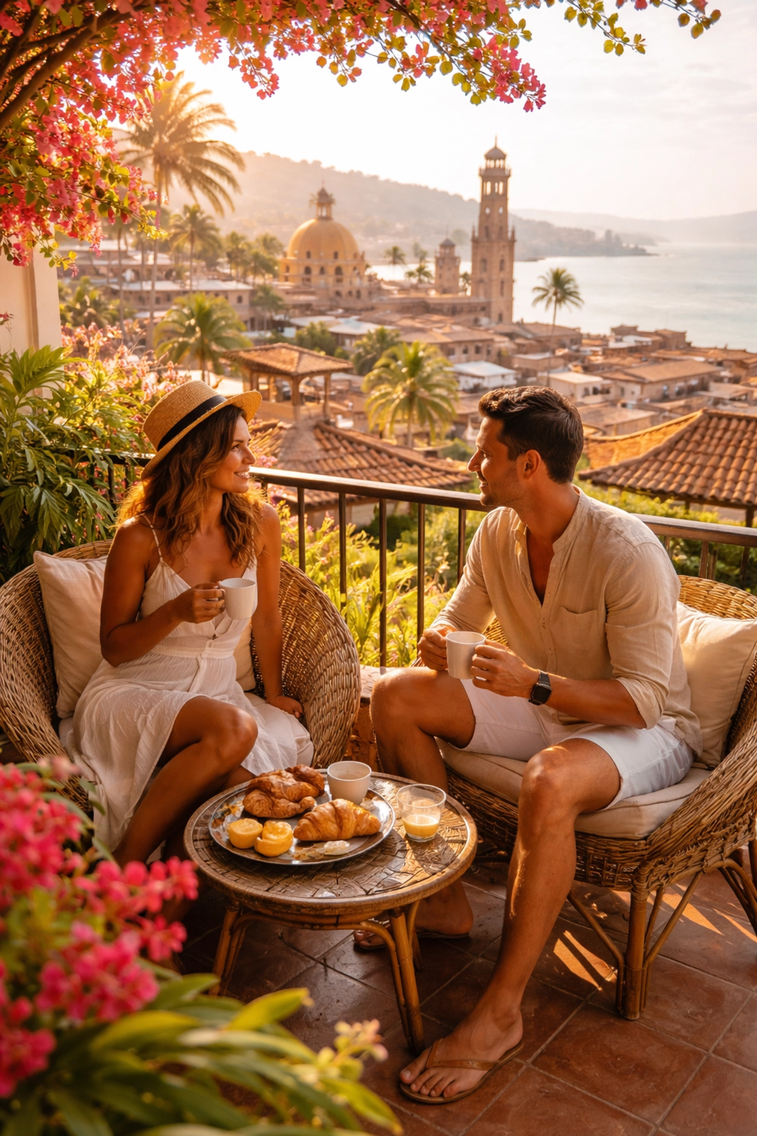 Couple having coffee on private balcony with panoramic view of Old Town Puerto Vallarta and the ocean