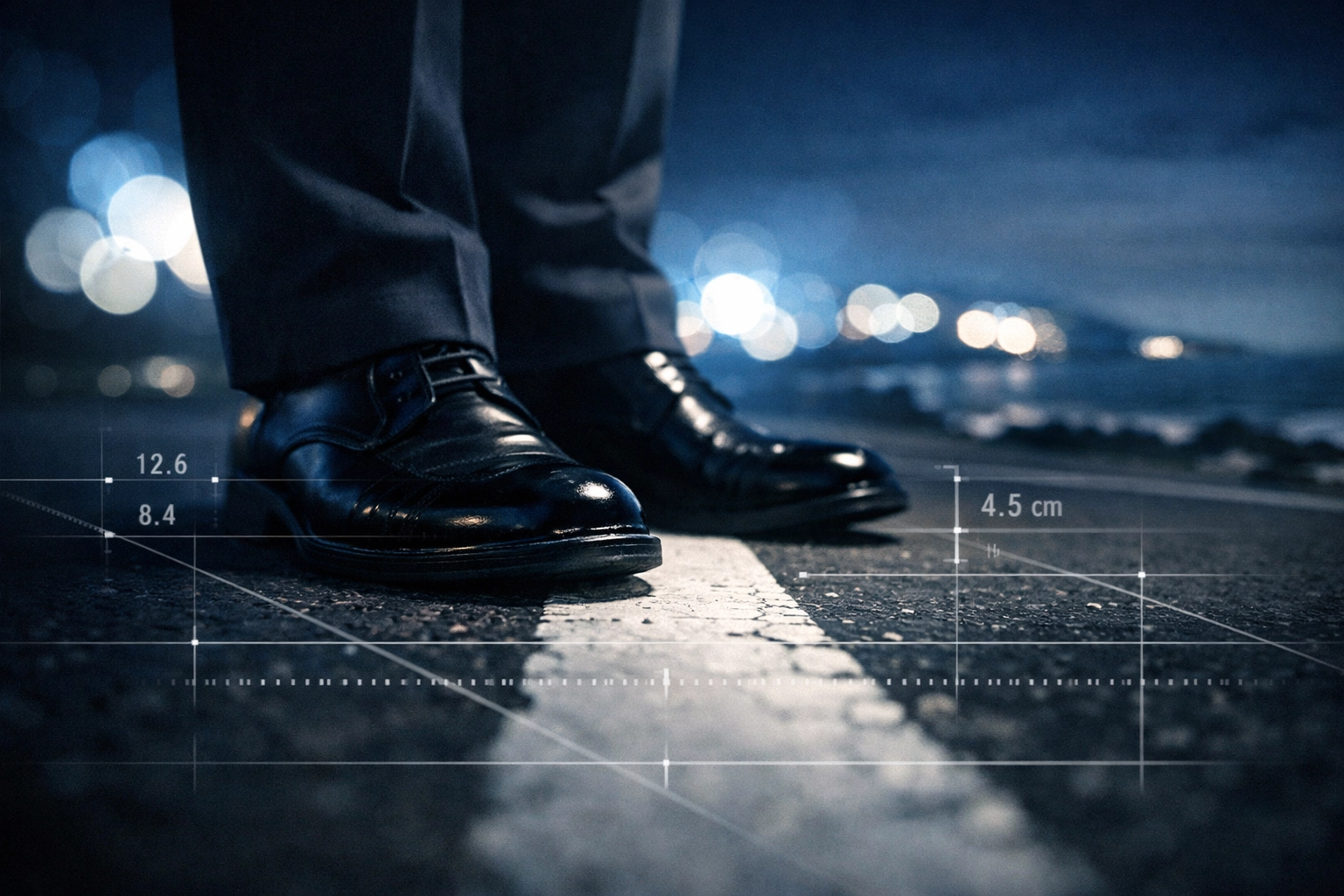 Feet on a road line during a field sobriety test, representing DUI evidence analysis in Virginia.