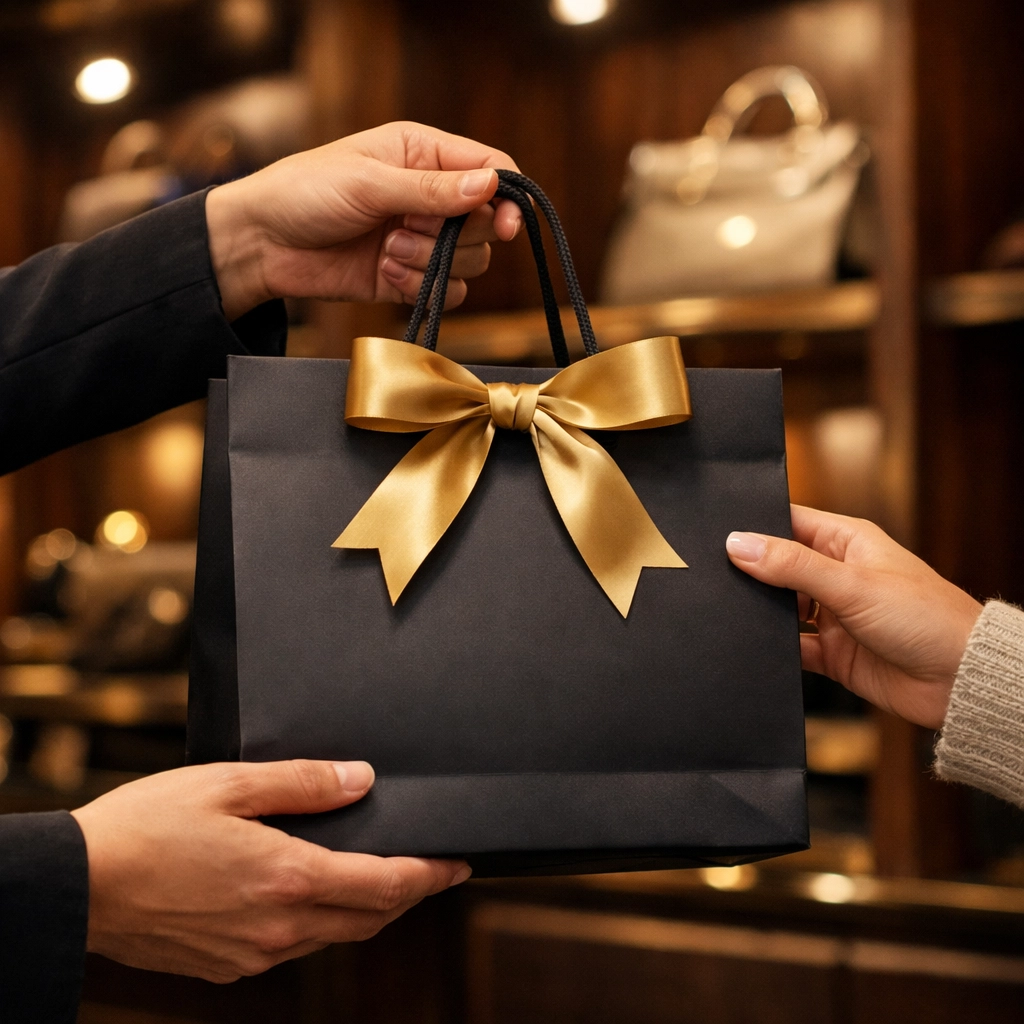Premium shopping bag exchange at a high-end Black-owned boutique promoting the Buyblack movement.