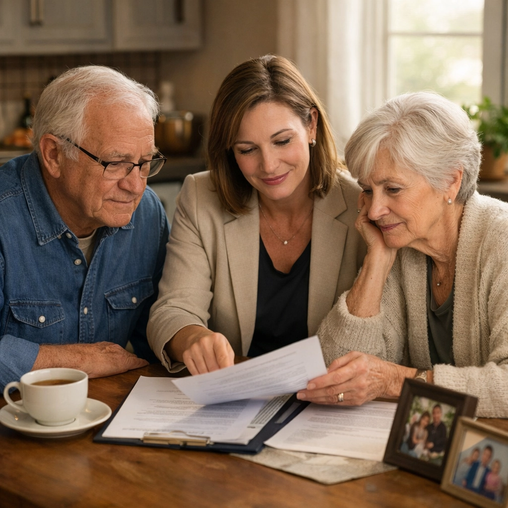 Real estate agent consulting elderly couple during difficult home sale transition