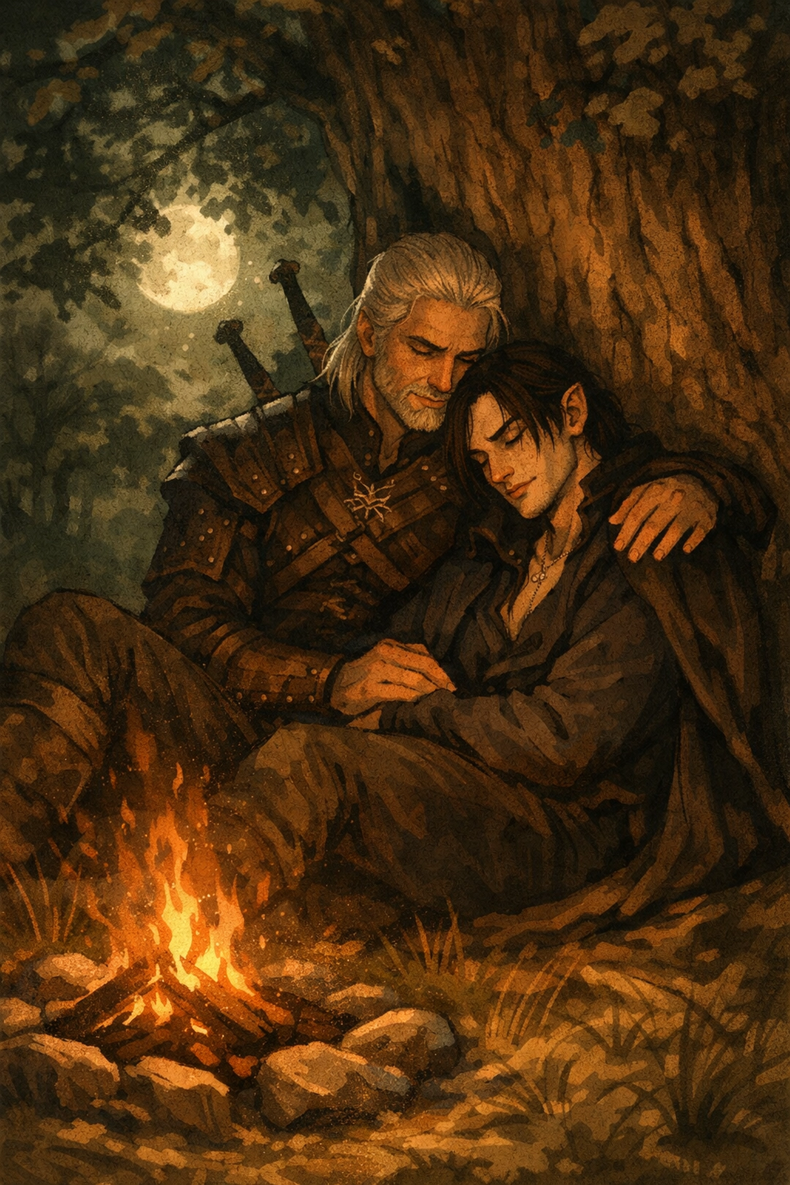 Two men sharing intimate moment under oak tree at night - witcher vampire gay romance story