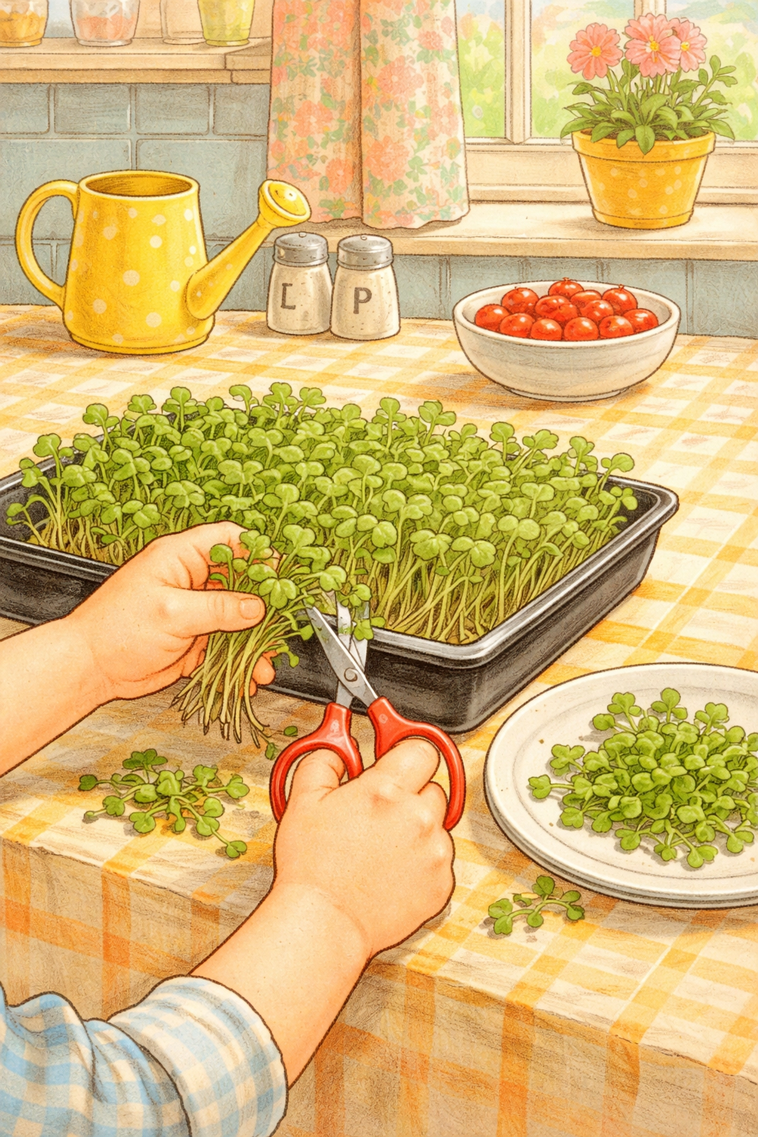 Child harvesting fresh green microgreens with scissors in a cozy kitchen, showing an indoor microgreen harvest