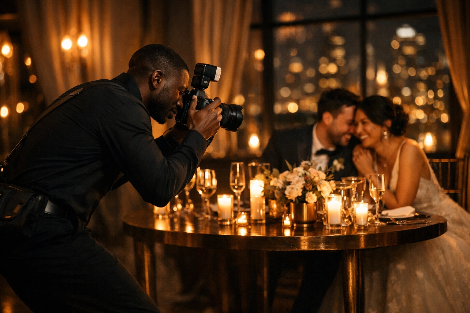 Professional wedding photographer capturing an intimate couple moment at an elegant luxury reception