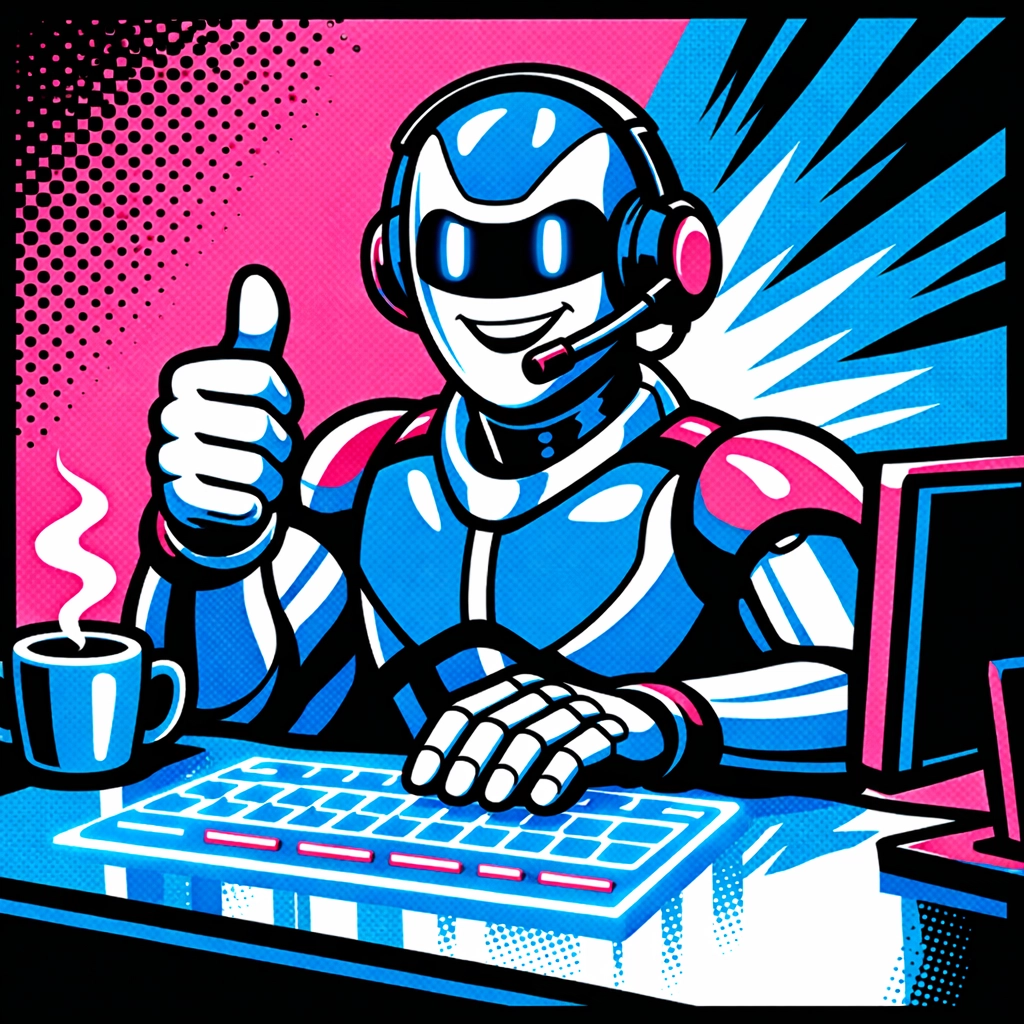 Friendly AI assistant robot with a headset providing efficient automated customer support.