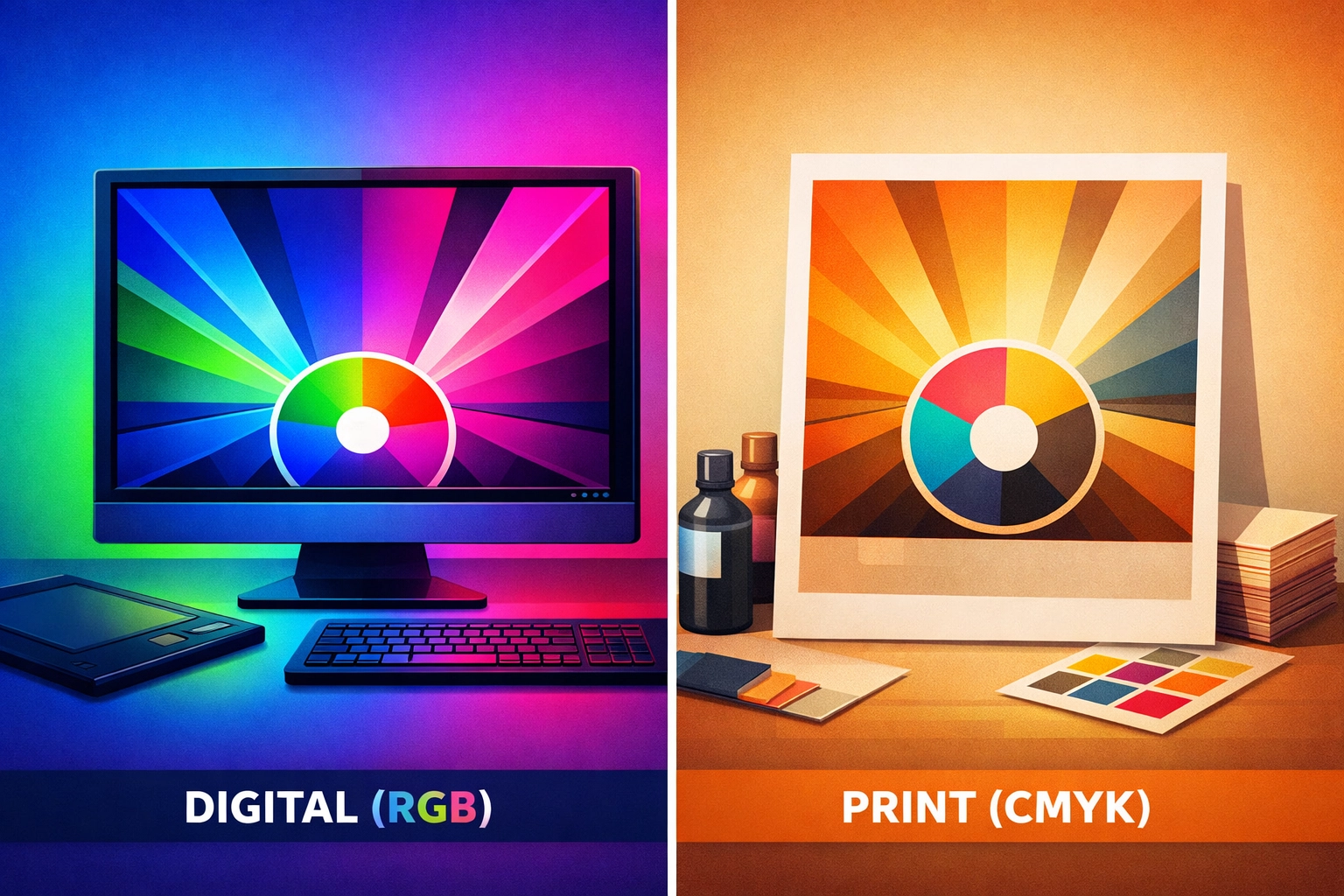 RGB screen colors vs CMYK print colors showing color shift between digital and printed output