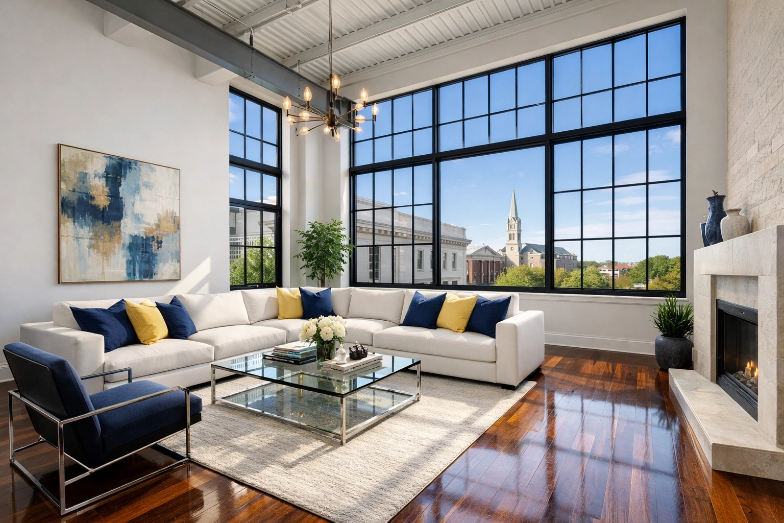 Pristine living room after professional deep cleaning Worcester, featuring dust-free hardwood floors and high ceilings.