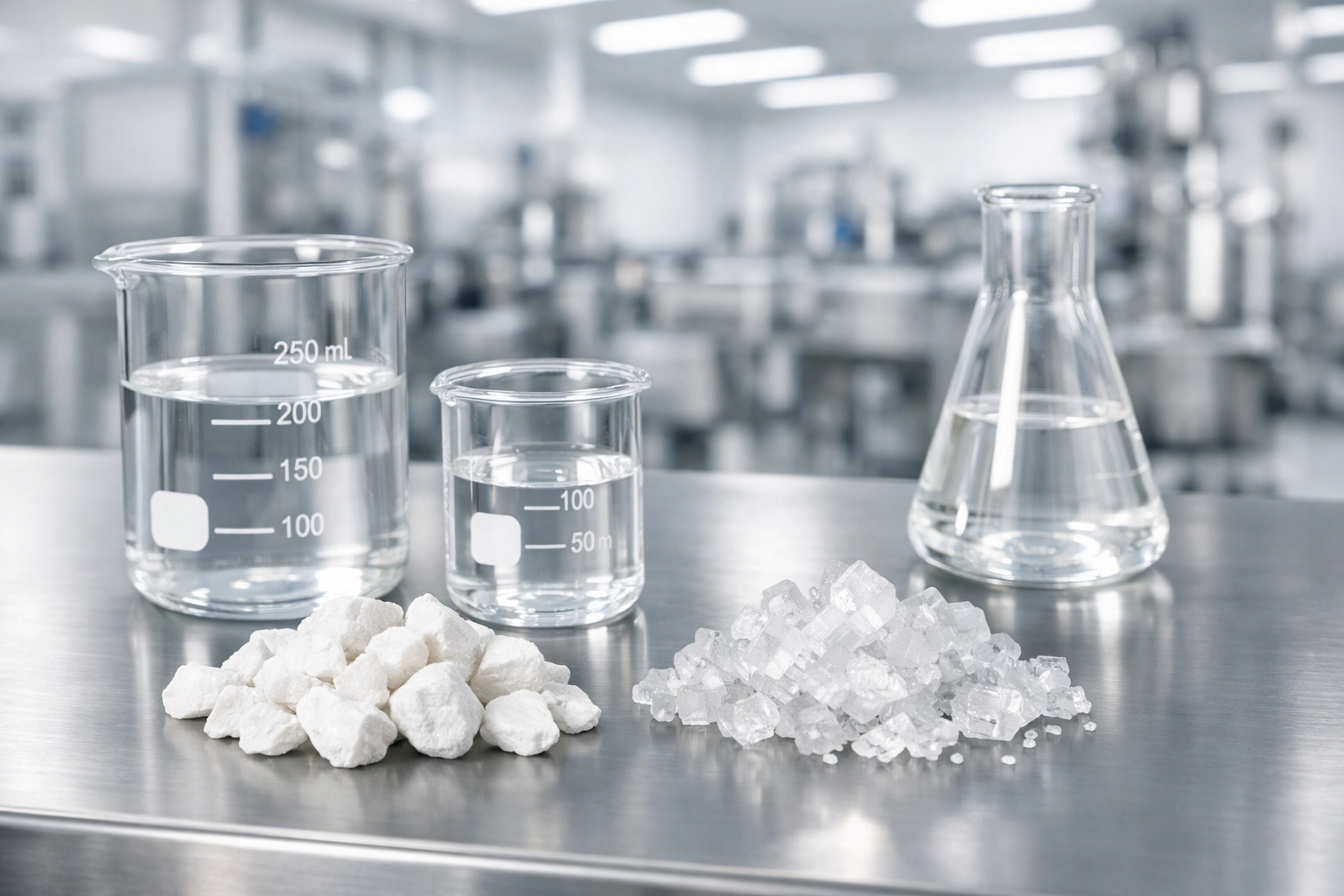 Pure calcium and magnesium mineral crystals in a clean laboratory representing GMP certified manufacturing.