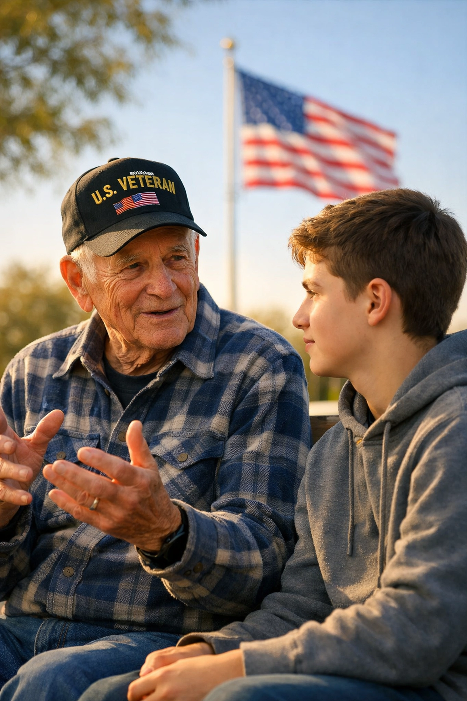 A veteran explains the cost of freedom to a teenage boy in a patriotic facts-first lesson.