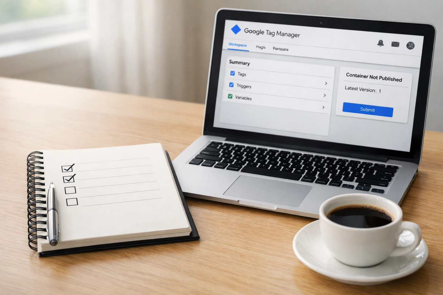 Organized workspace with Google Tag Manager checklist and governance process documentation