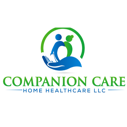 Companion Care Home Healthcare LLC Logo Logo featuring two abstract human figures, one blue and one green, sitting together on a blue hand symbolizing care and support. A green arc encloses the figures. The business name appears in green and blue text below the image, emphasizing reliability and compassionate home healthcare services.