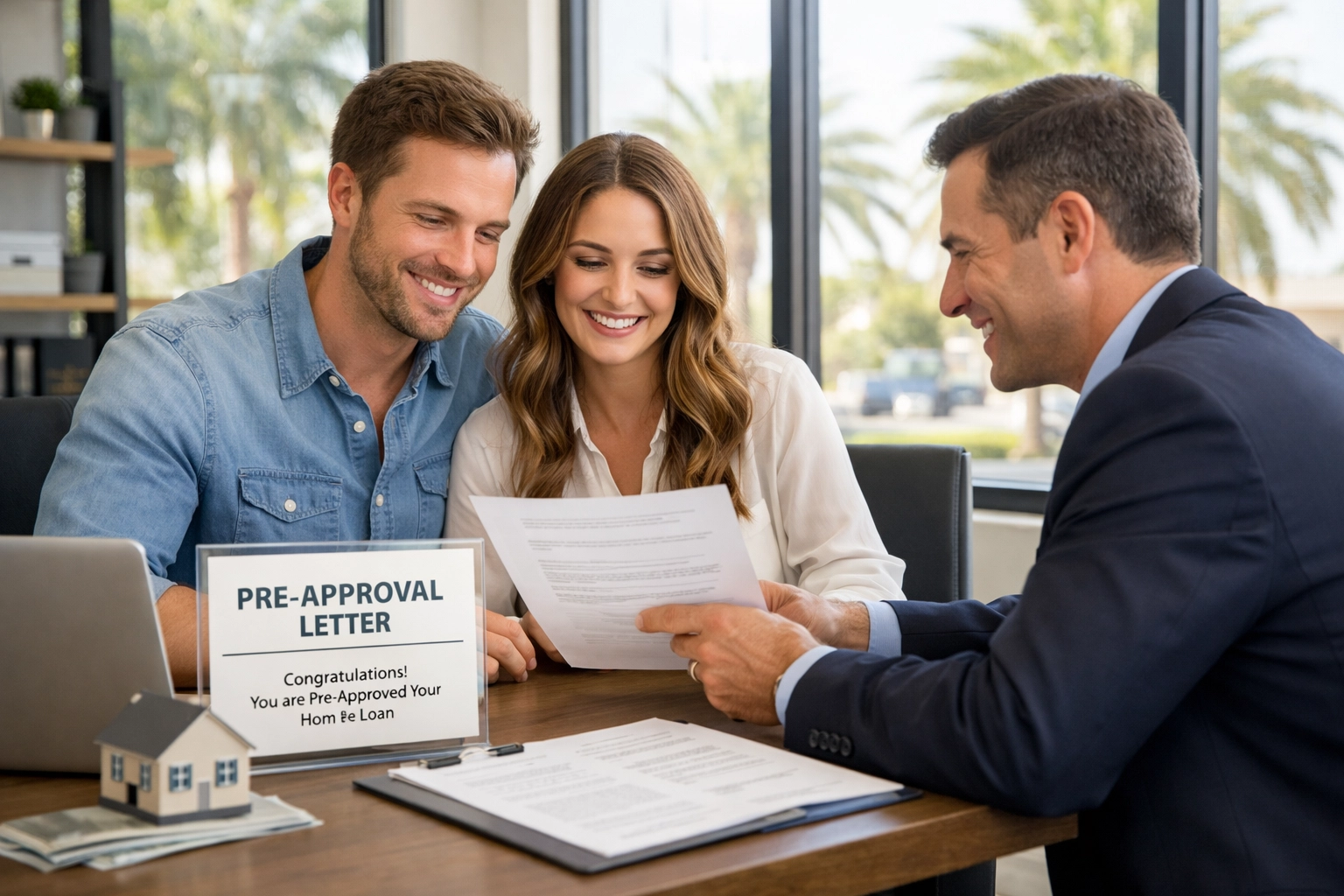 Home buyers meeting with Cape Coral realtor reviewing mortgage pre-approval documents