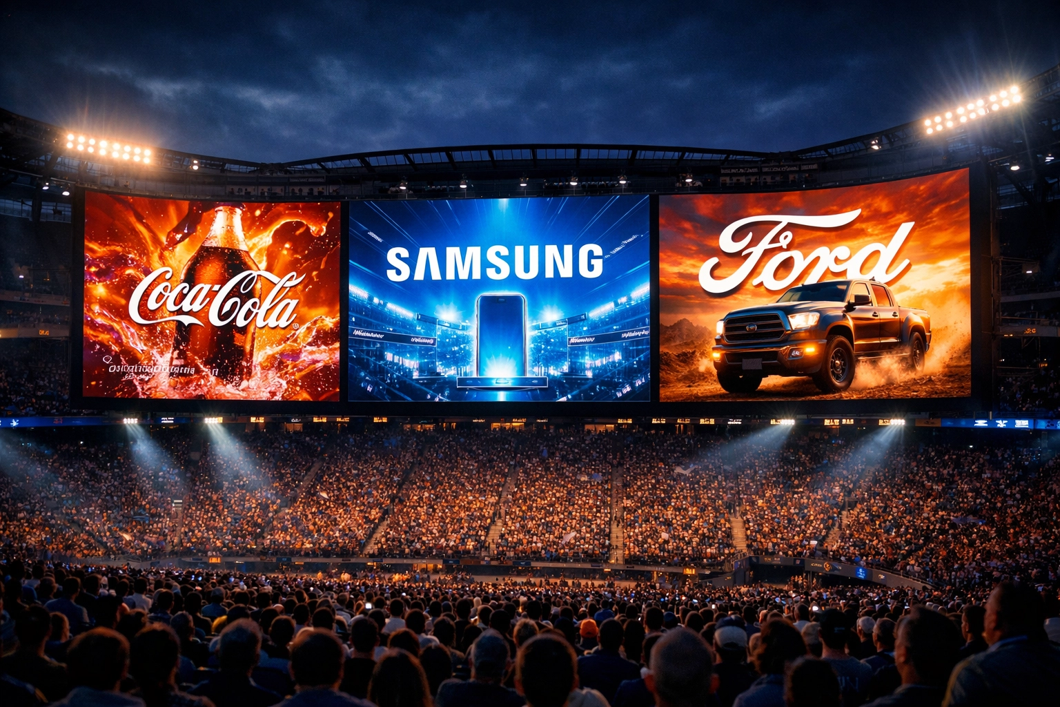 Stadium jumbotron displaying digital advertisements during a sports game with engaged crowd