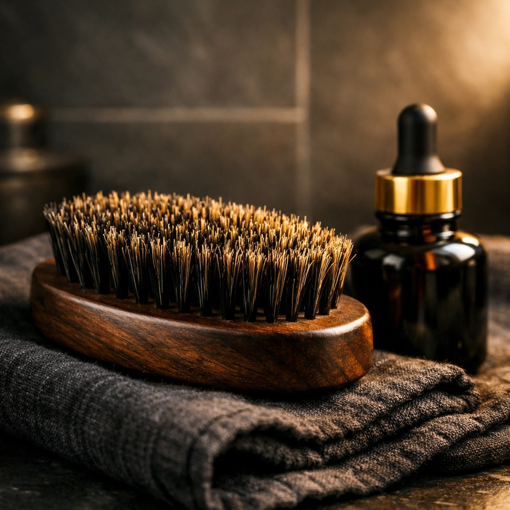 Boar hair beard brush with walnut handle and oil dropper for even product distribution.