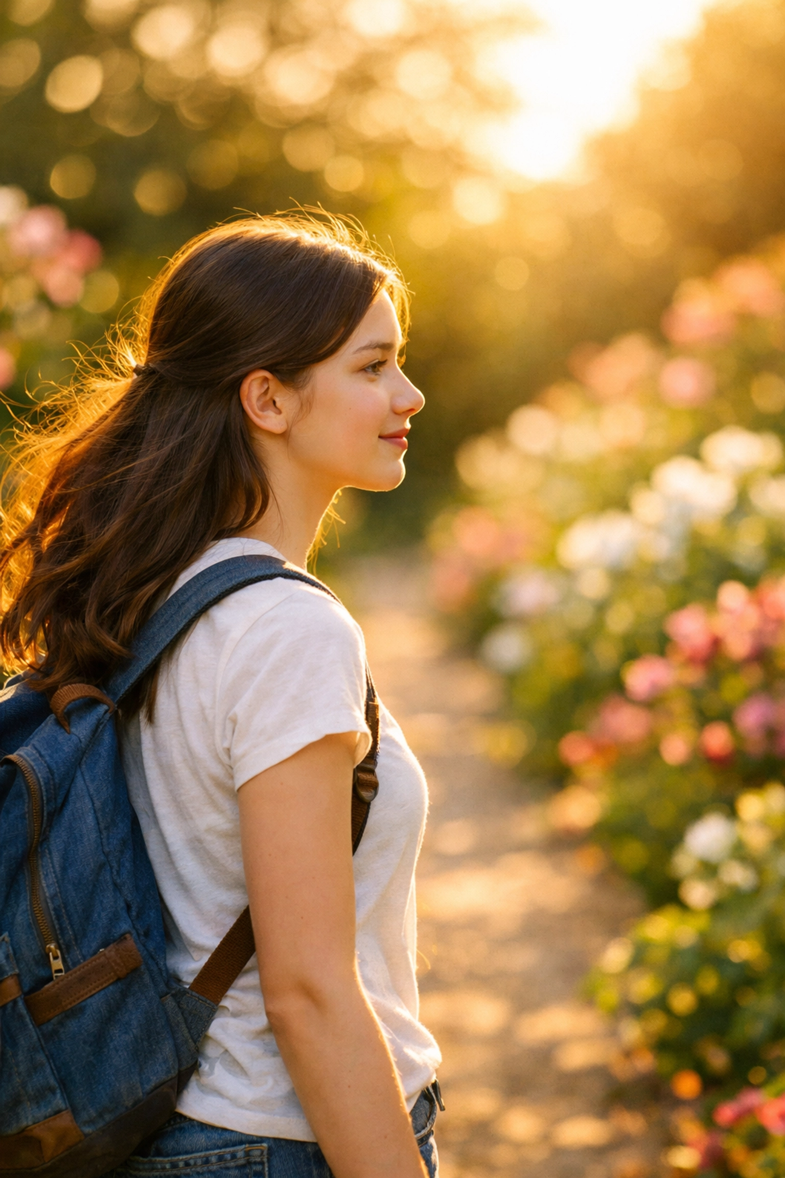 A hopeful teenage girl walking through a sunny garden during residential treatment for teen depression.