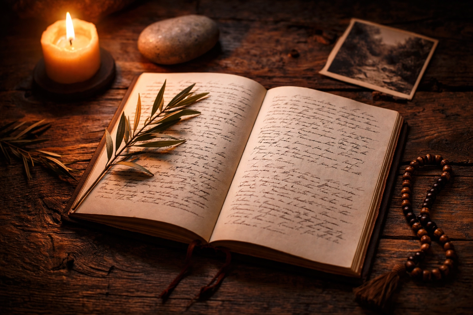 Prayer journal and keepsakes arranged on a wooden table, personalizing a Psalm 23 inspired prayer corner at home