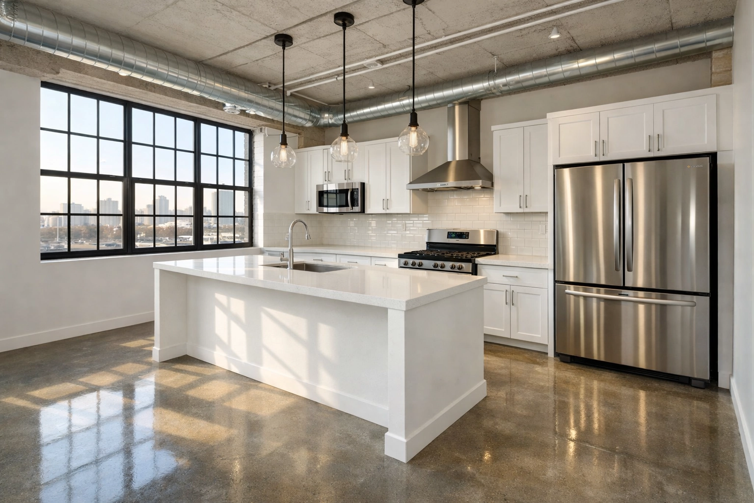Spotless industrial loft kitchen in Detroit after a professional make-ready deep cleaning, ready for new tenants.