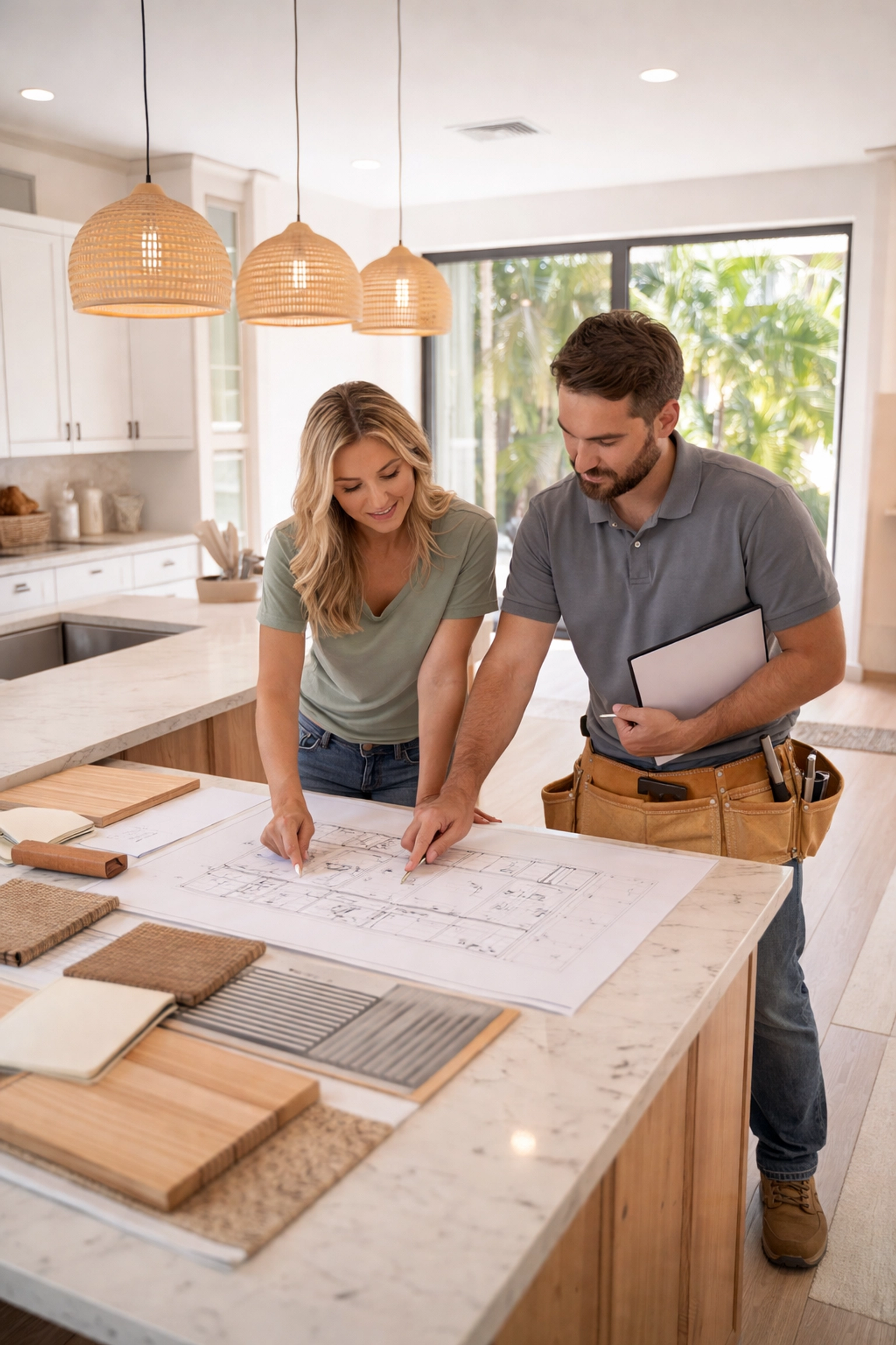 Homeowner and contractor reviewing renovation blueprints in an Orlando kitchen during the planning phase