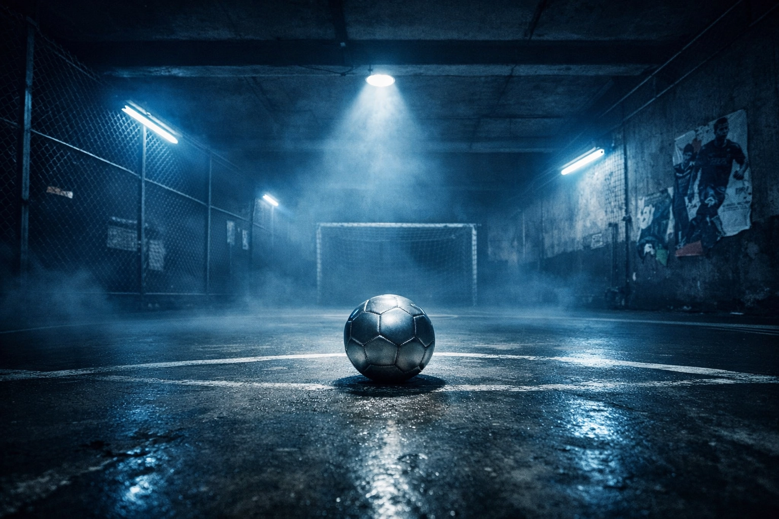 Underground street football court with blue lighting capturing early 2000s Nike Total 90 era aesthetic