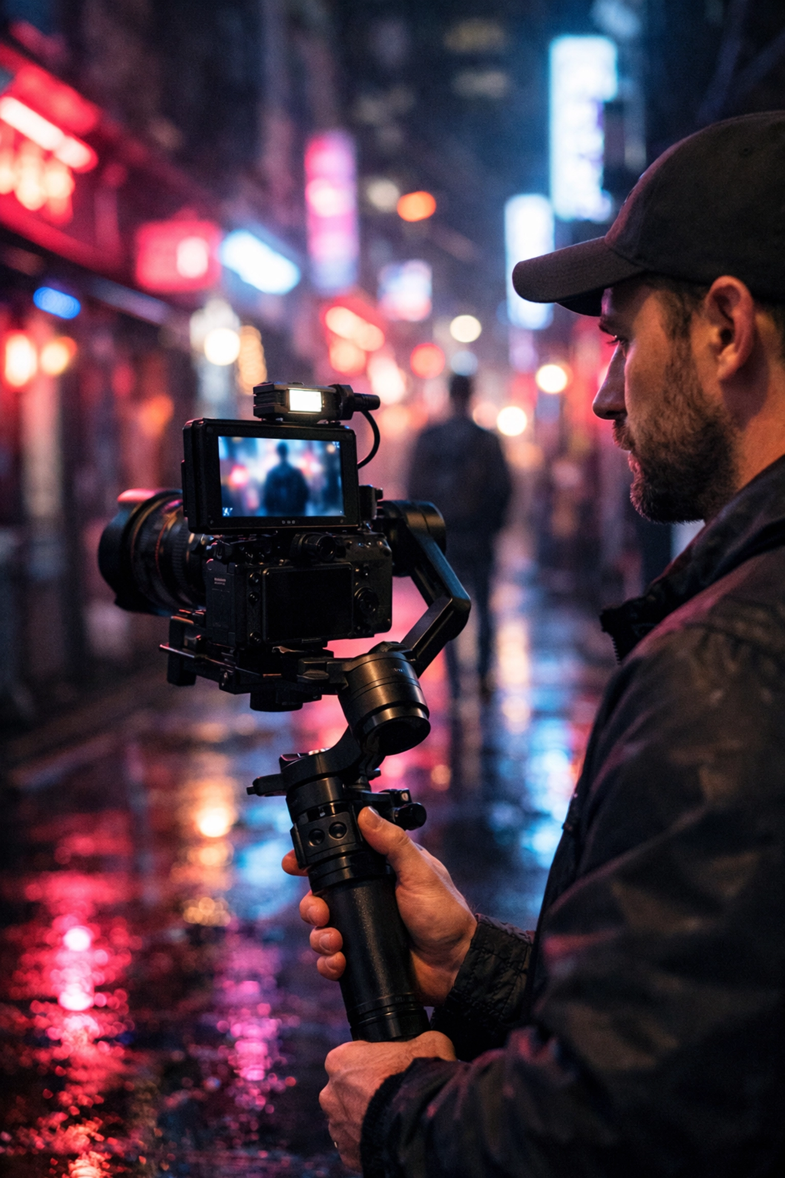 Videographer using a camera gimbal in a city to test video features on best mirrorless cameras.