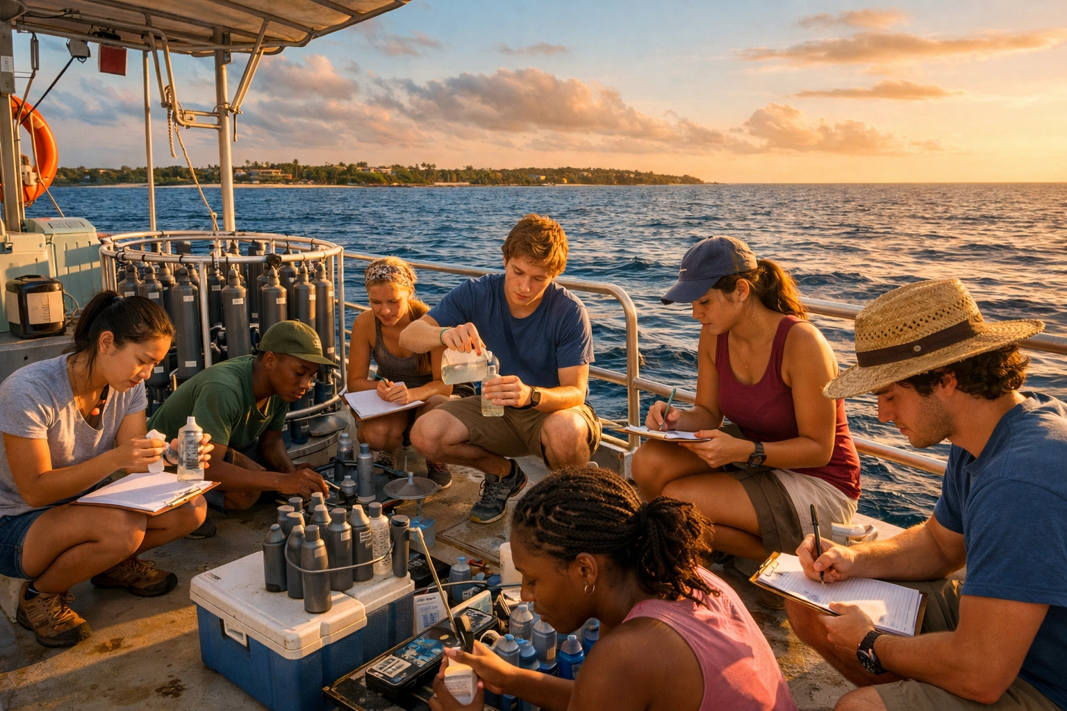 High school students conducting marine research on educational expedition in Cayman Islands