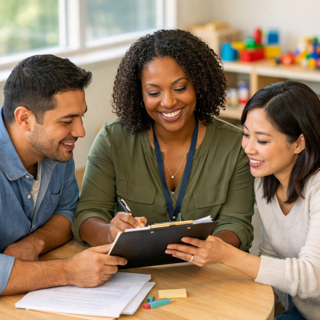Diverse ABA therapy team collaborating on treatment plans in Georgia clinical setting