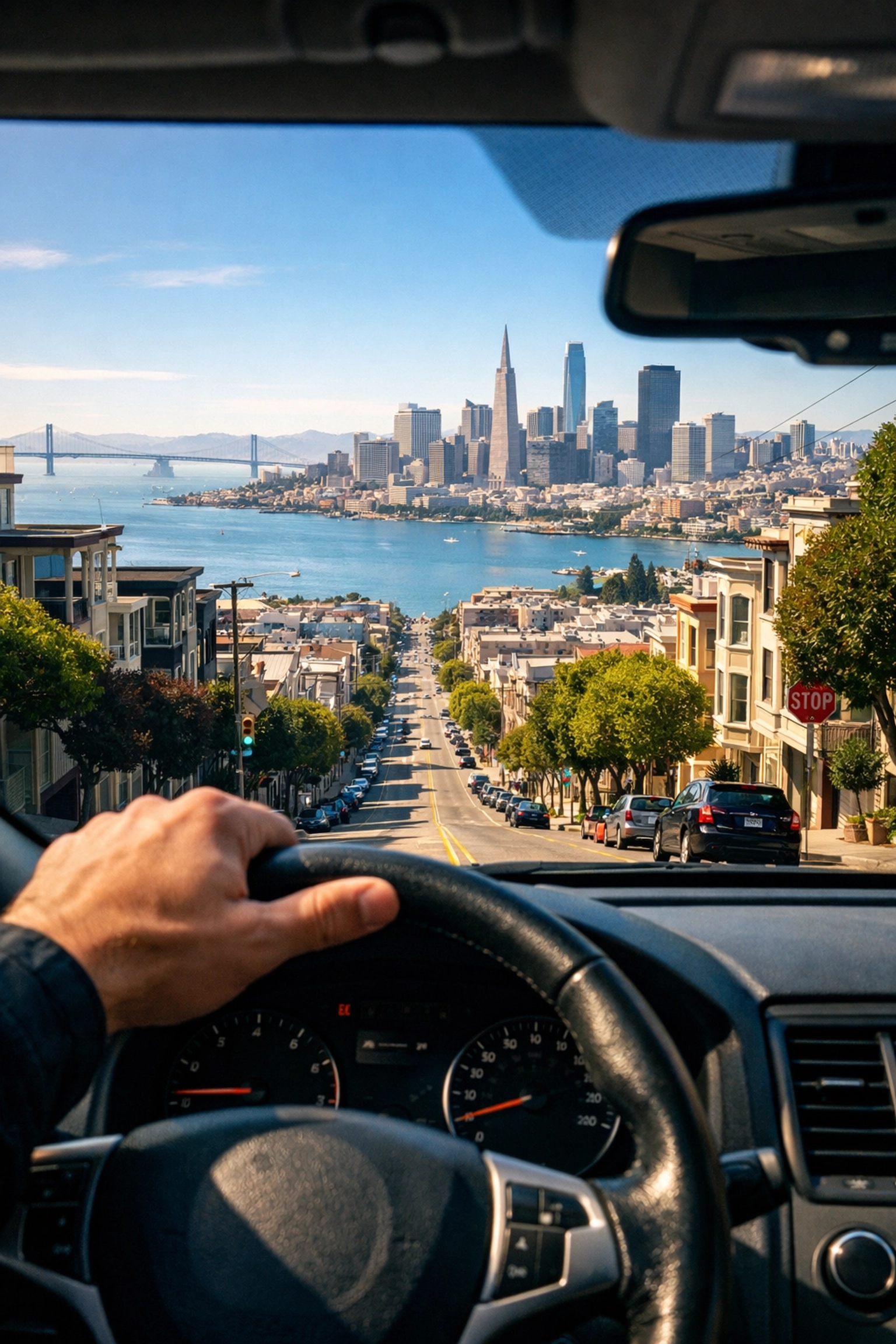 View from a driver's seat safely descending a San Francisco hill after a professional brake service.