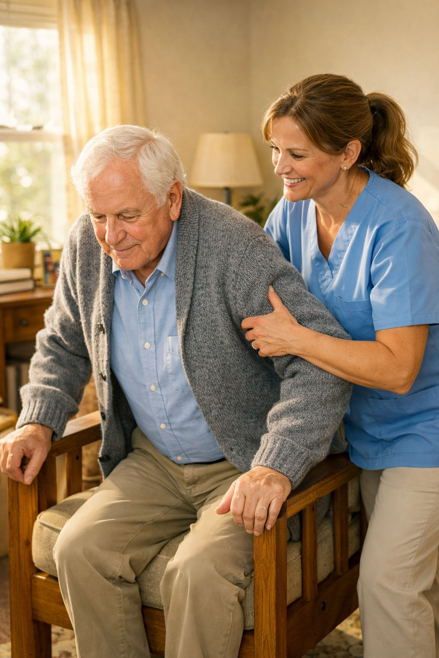 A caregiver assisting an elderly man to stand safely from an armchair during a home fall risk assessment.