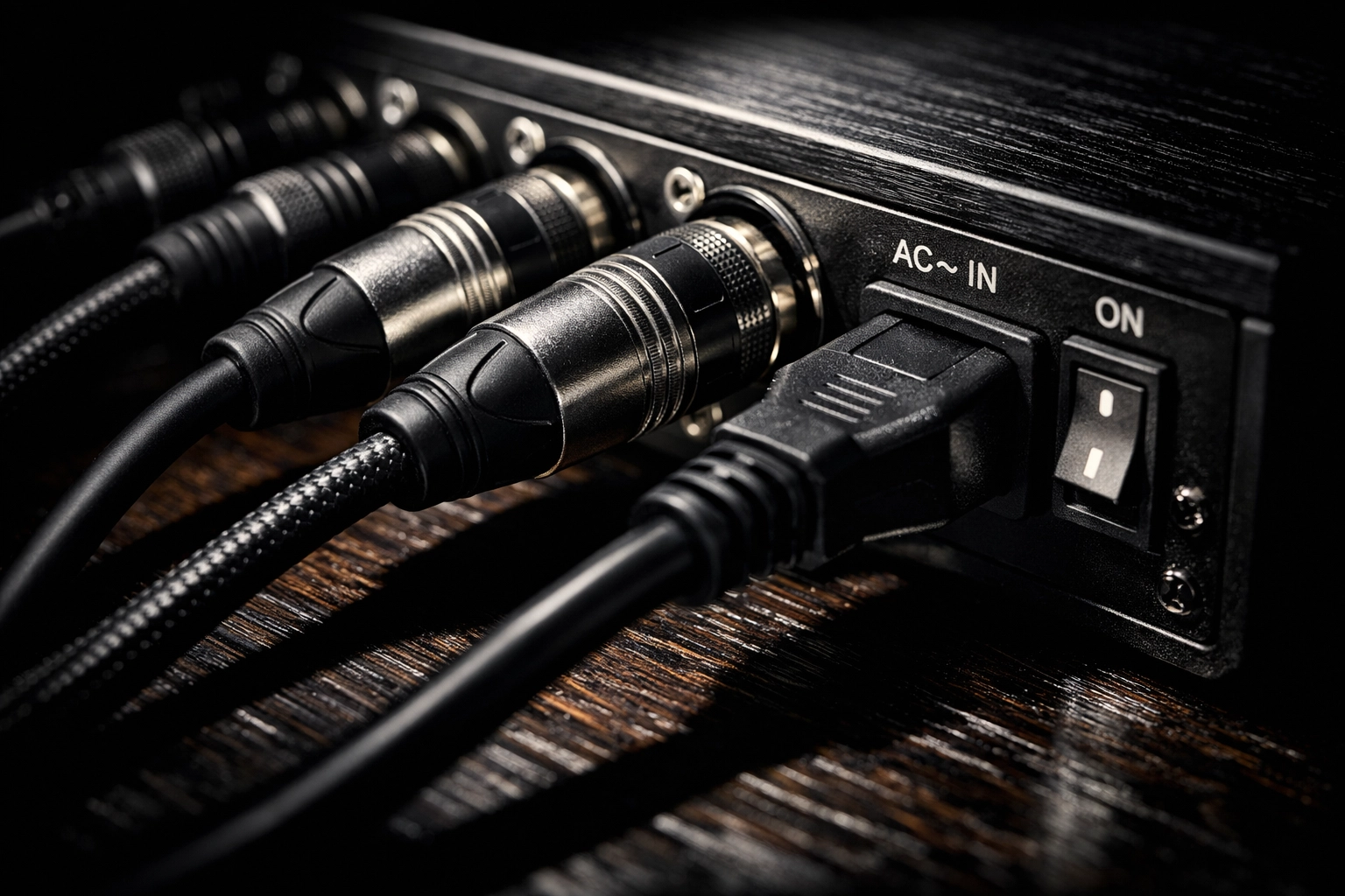 Sound system power cables and XLR connections showing proper audio equipment wiring