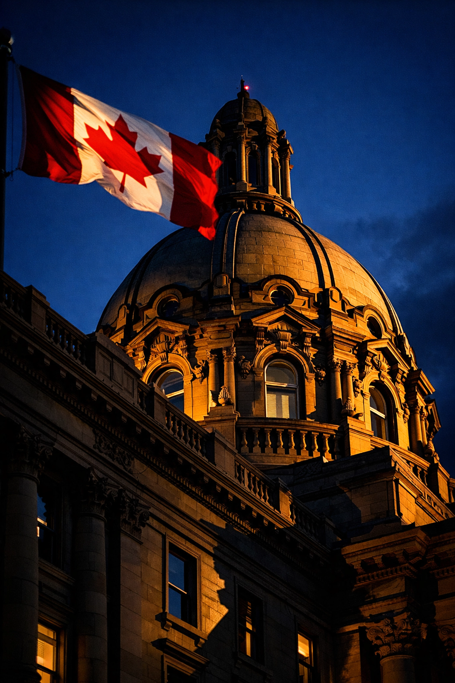 The Alberta Legislature Building at dusk during the opening of the 2026 spring legislative session.