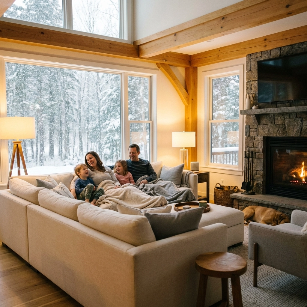 Maine family relaxing in a cozy living room during winter power outage, illustrating comfort with backup generator