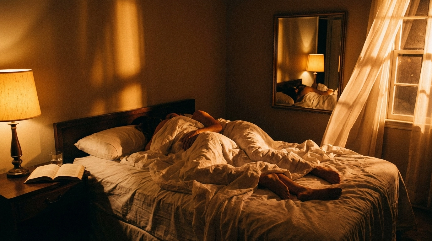 Intimate bedroom reflection, messy sheets, tangled bodies implied, harsh shadows, 70s editorial mood