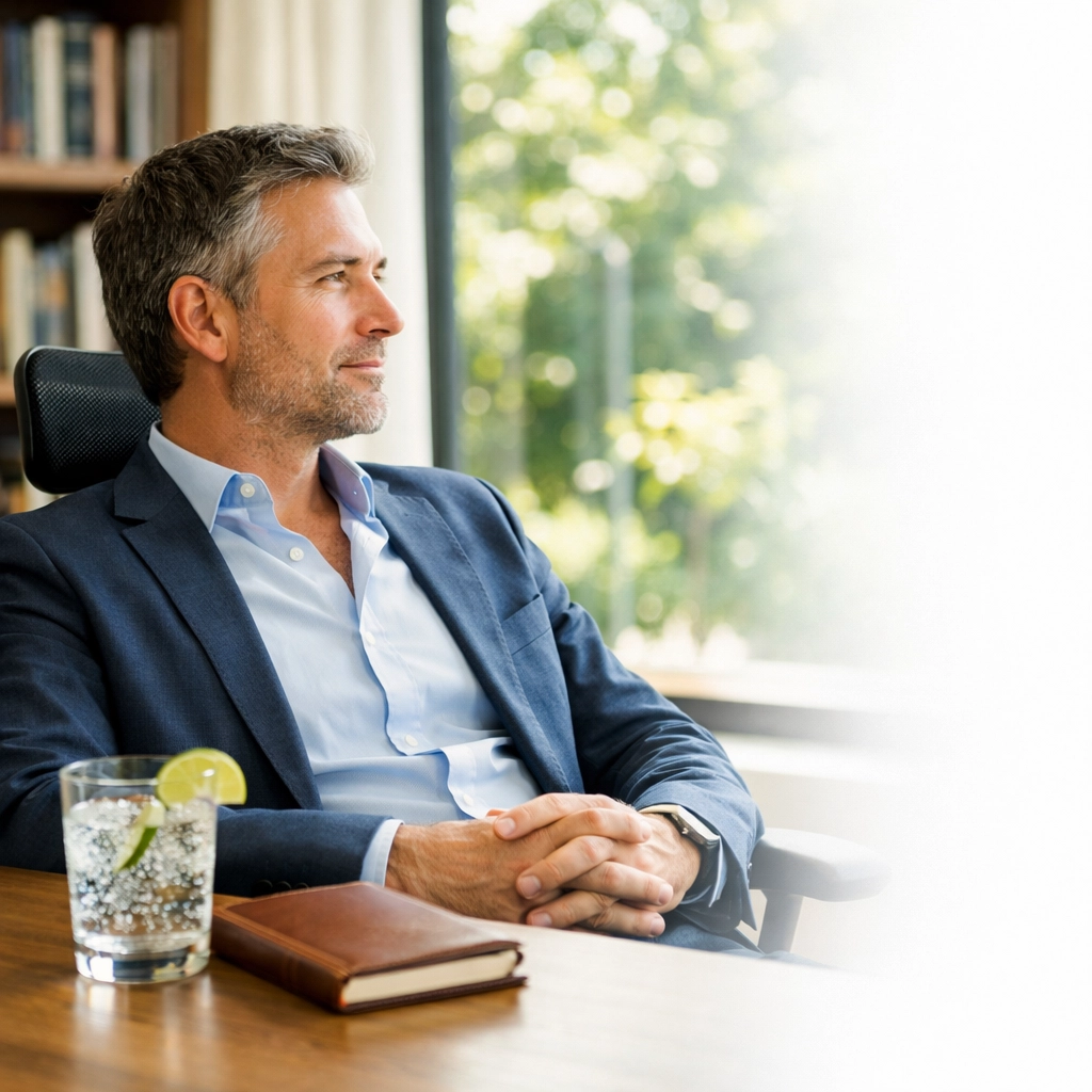 Sober entrepreneur reflecting in a home office to manage business triggers and maintain recovery focus.