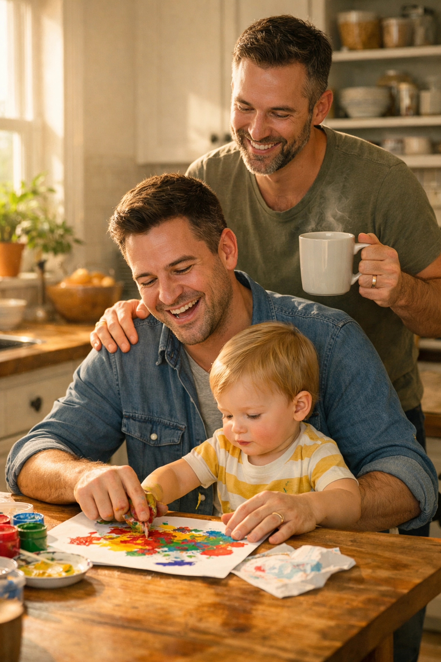Two gay fathers painting with their toddler, reflecting the nurturing Maddy role in modern parenting.
