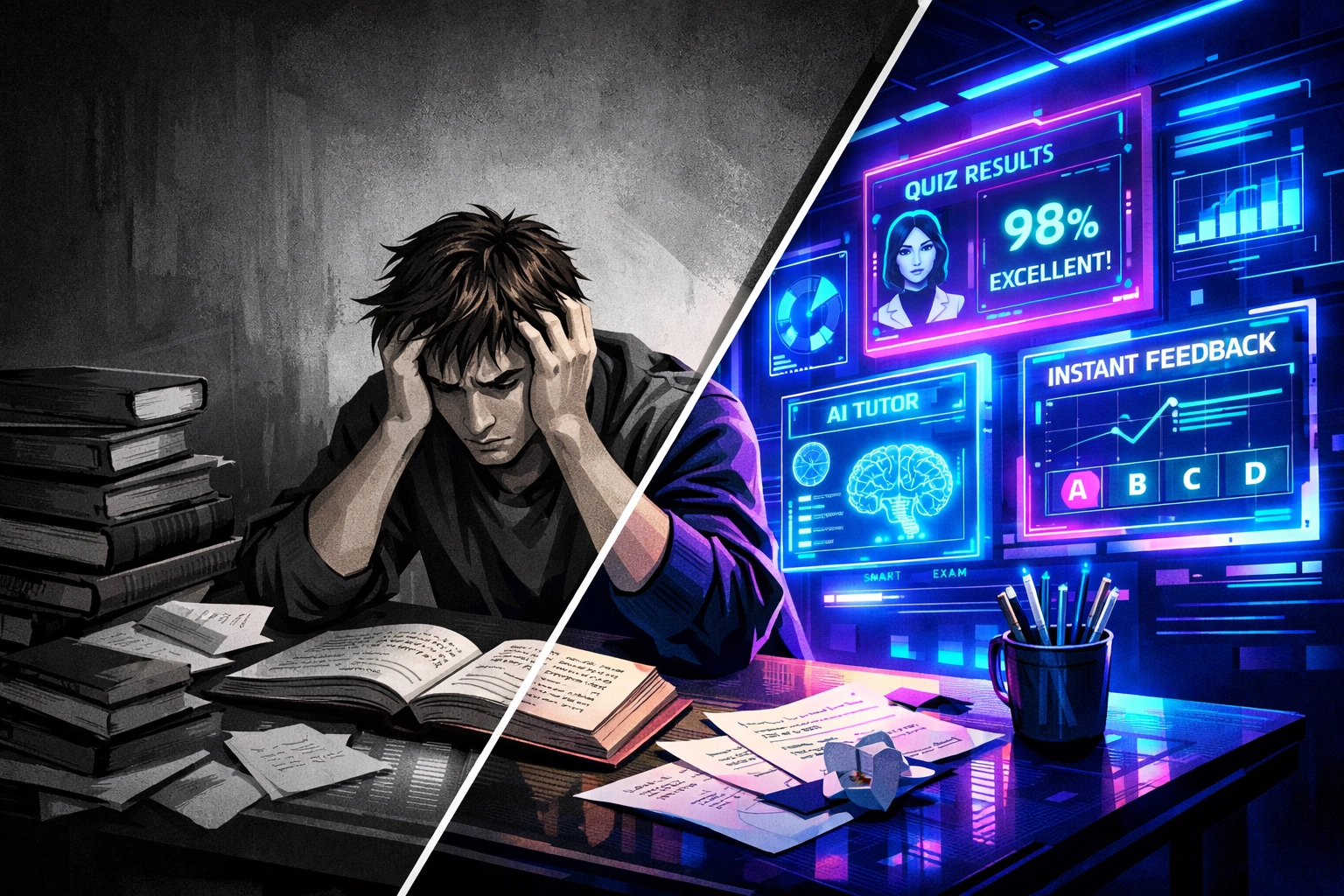 Student with traditional textbooks facing futuristic AI assessment interfaces showing campus-to-career gap