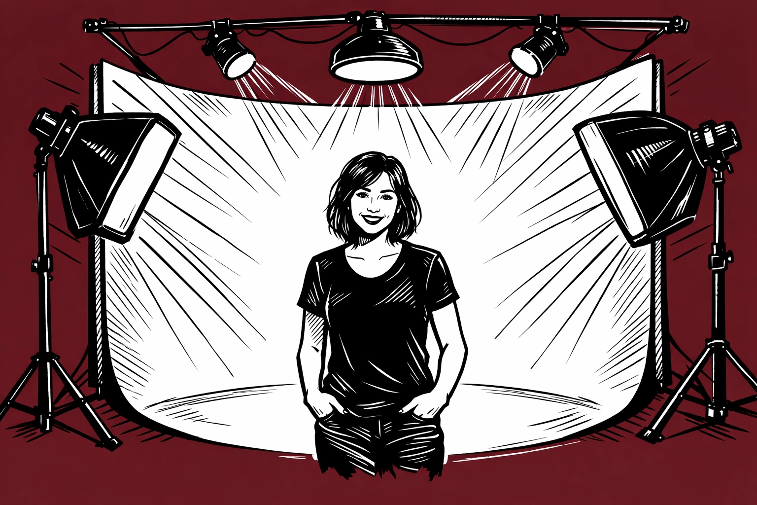 Professional portrait photography with even lighting on seamless cyclorama backdrop