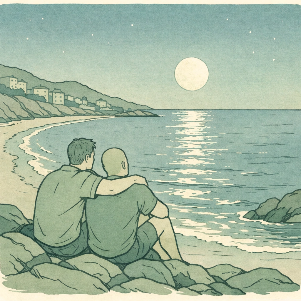 Two men sharing intimate moment on rocky coastline at Bassa Rodona gay beach, Sitges