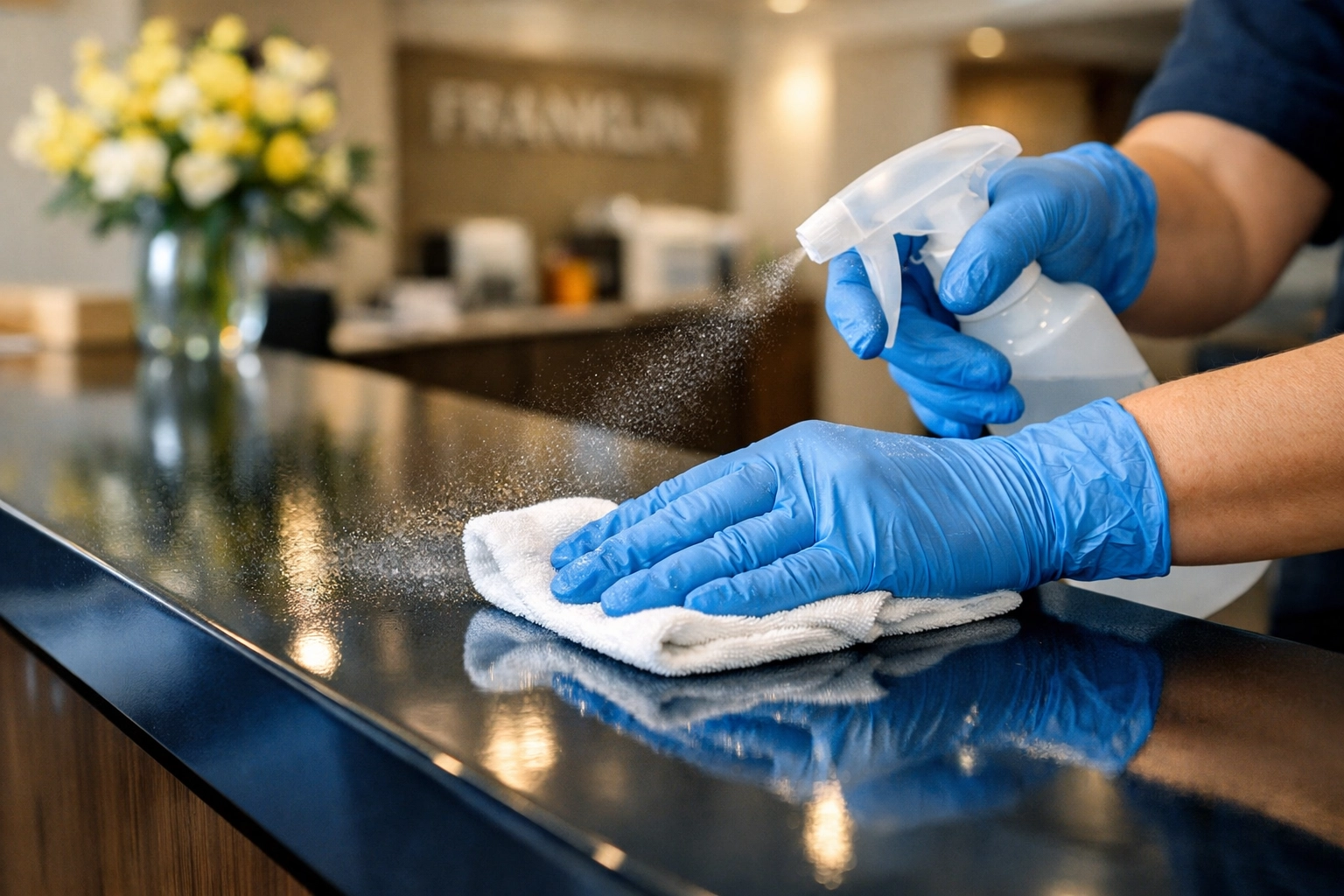 Professional office cleaning specialist sanitizing a reception desk in a Franklin business lobby.