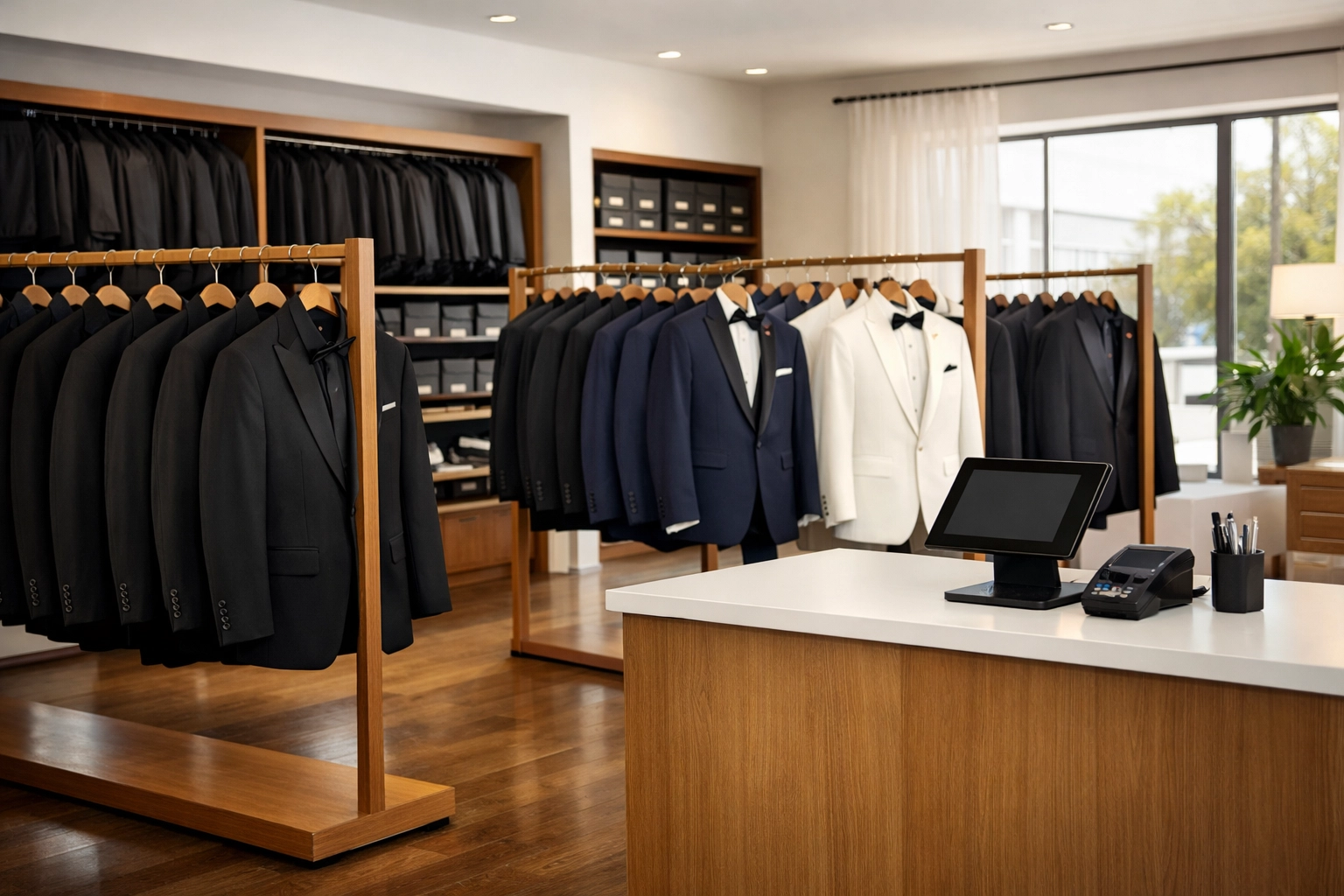 Modern formal wear rental store interior with organized tuxedo jacket inventory display